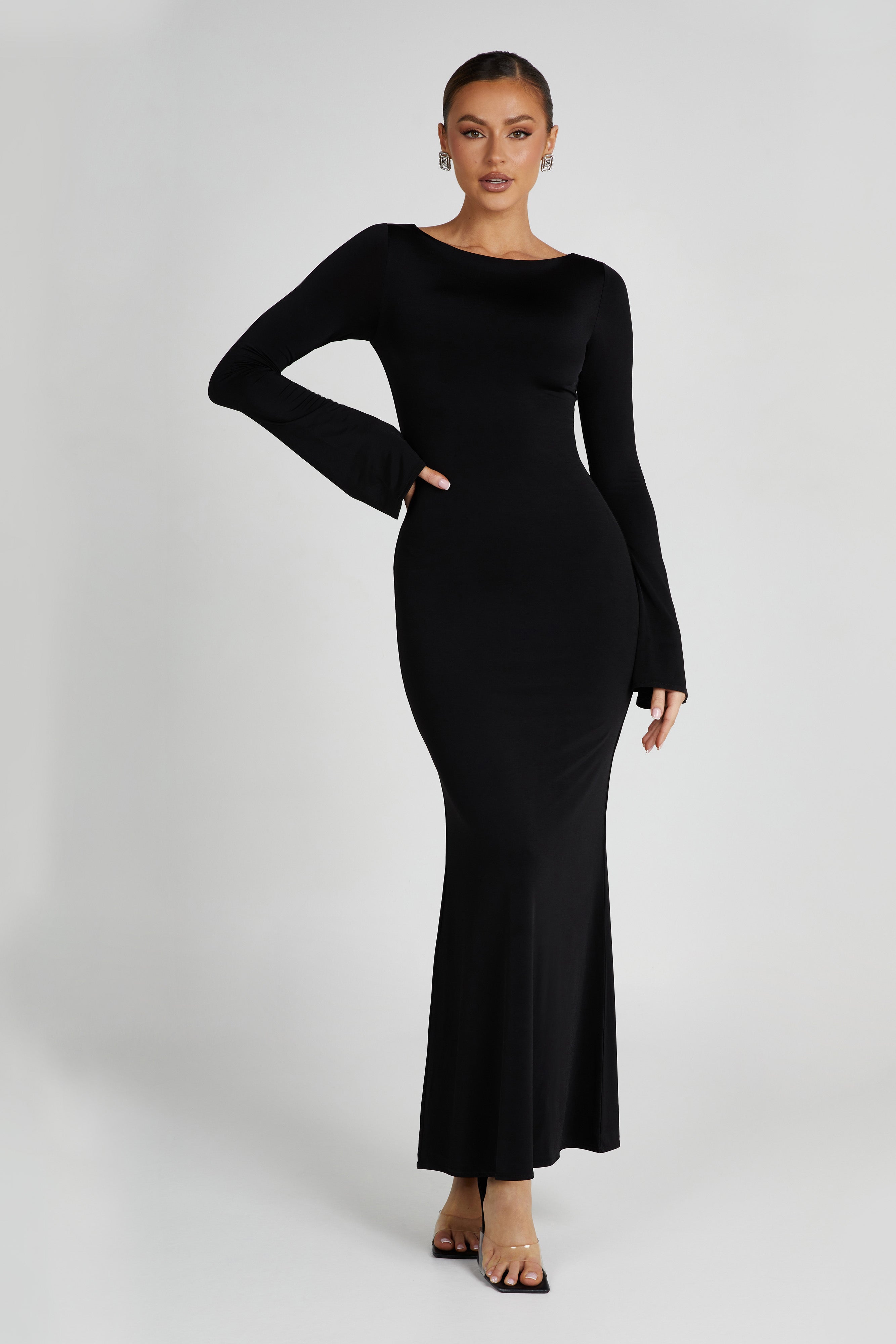 Fishtail Maxi Dress with Flared Sleeves & Boat Neck | Tarna Black