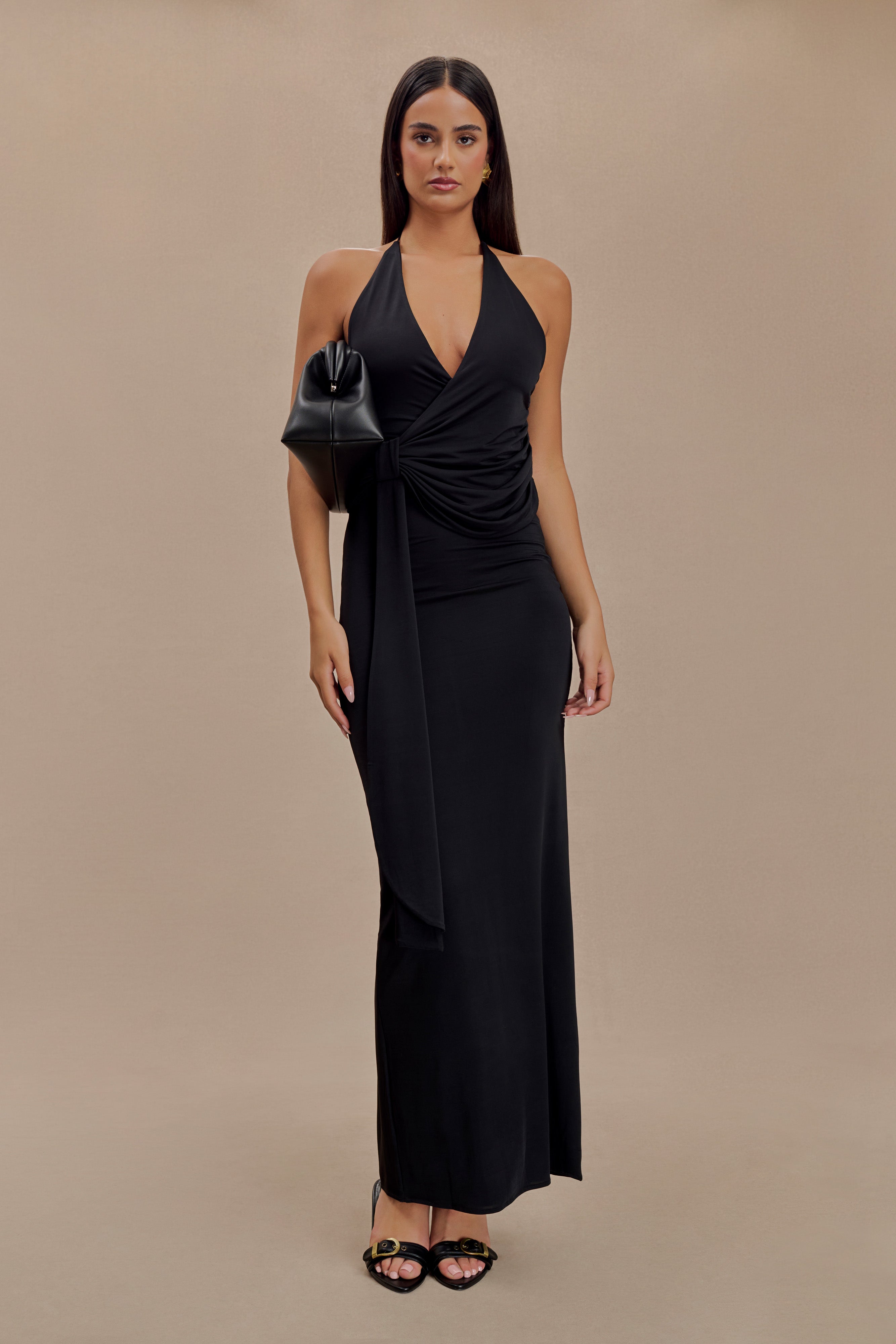 Tyla Slinky Halter Maxi Dress with Draped Bodice & Open Back | Black