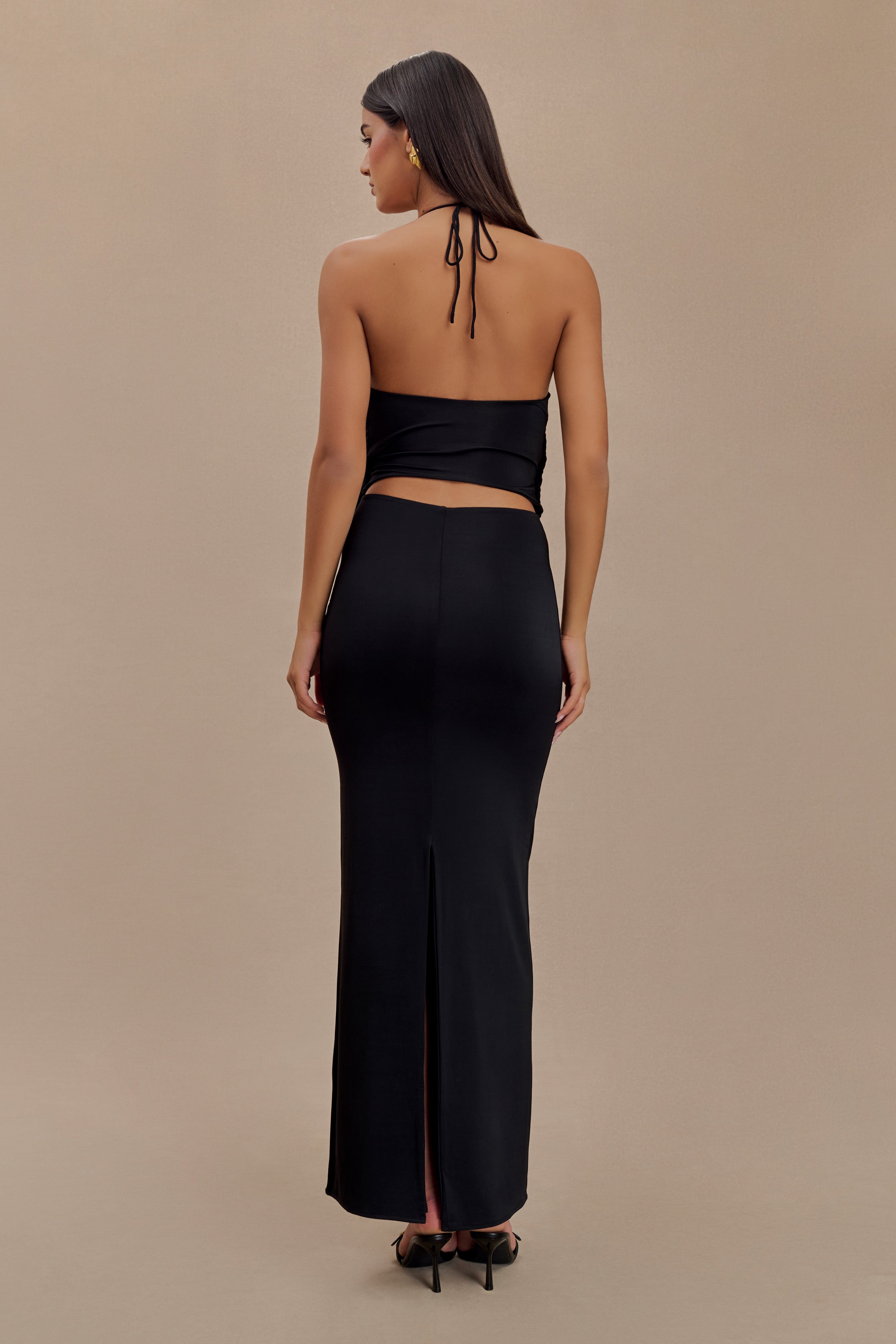 Tyla Slinky Halter Maxi Dress with Draped Bodice & Open Back | Black