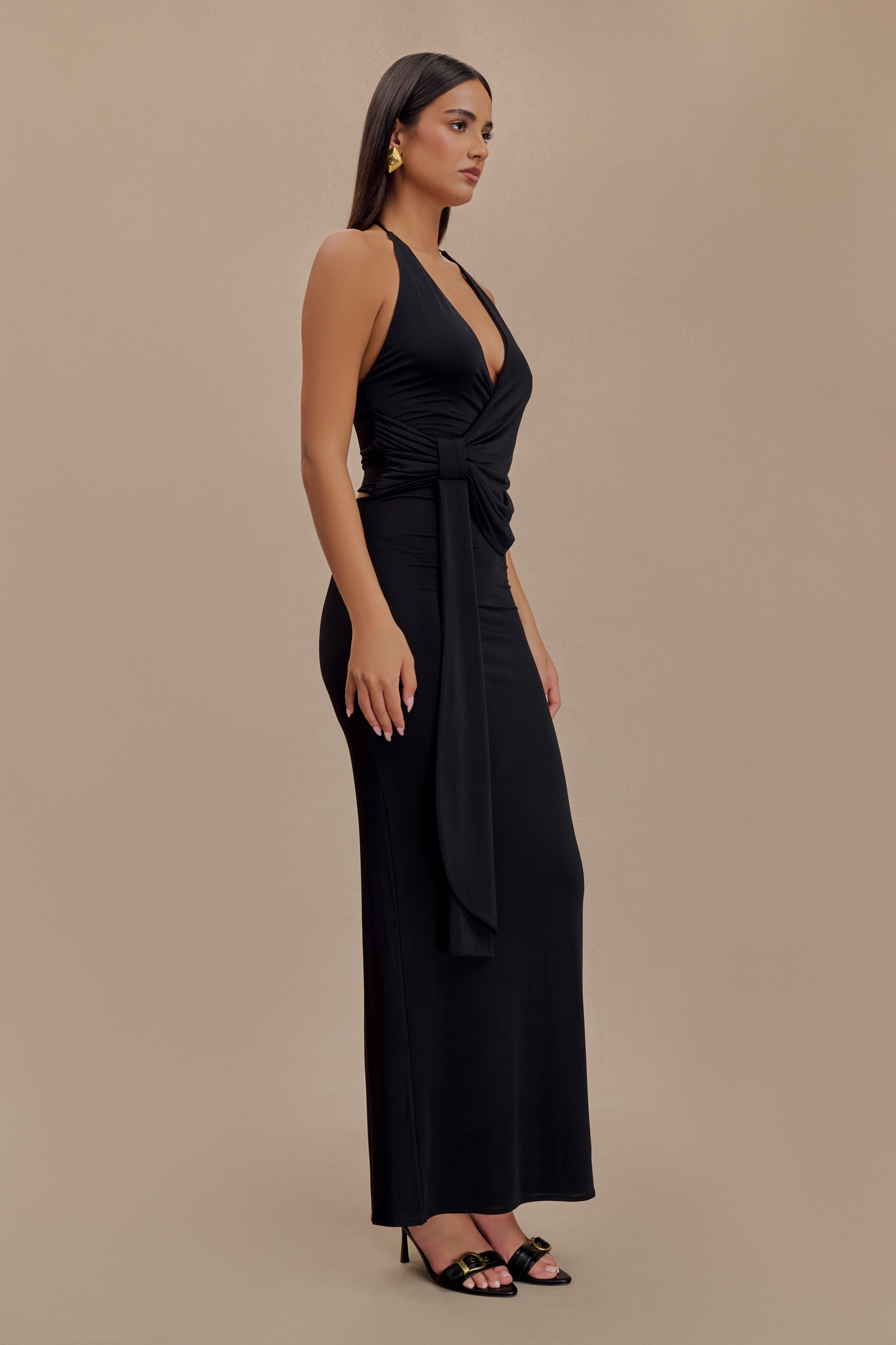 Tyla Slinky Halter Maxi Dress with Draped Bodice & Open Back | Black