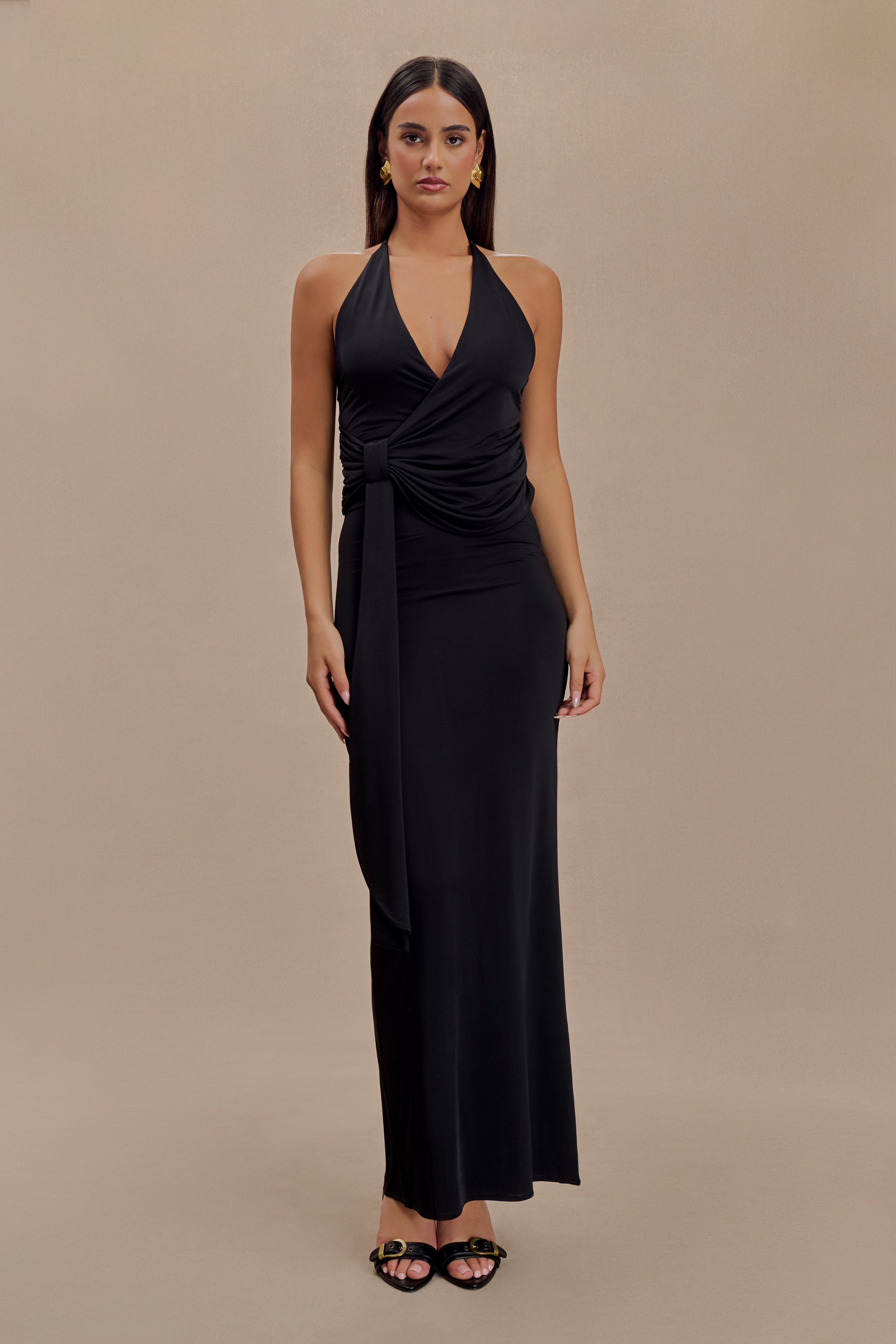 Tyla Slinky Halter Maxi Dress with Draped Bodice & Open Back | Black