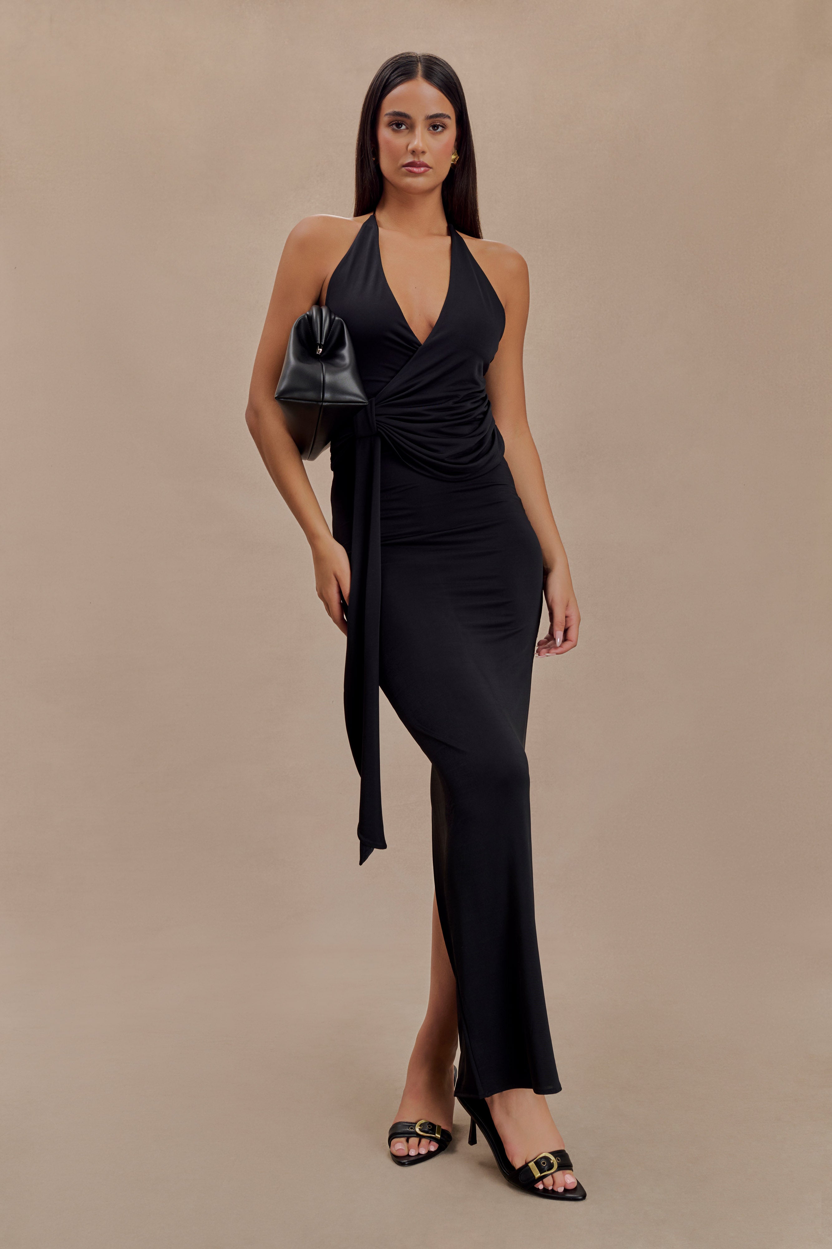 Tyla Slinky Halter Maxi Dress with Draped Bodice & Open Back | Black