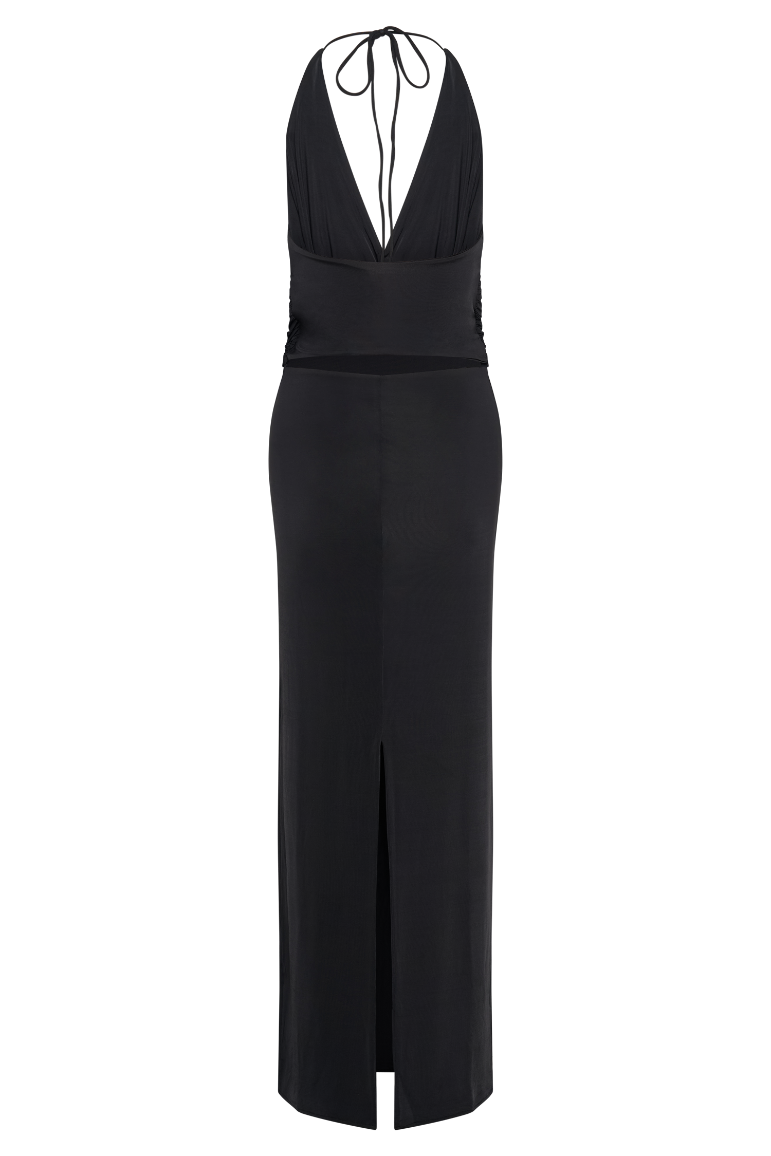 Tyla Slinky Halter Maxi Dress with Draped Bodice & Open Back | Black