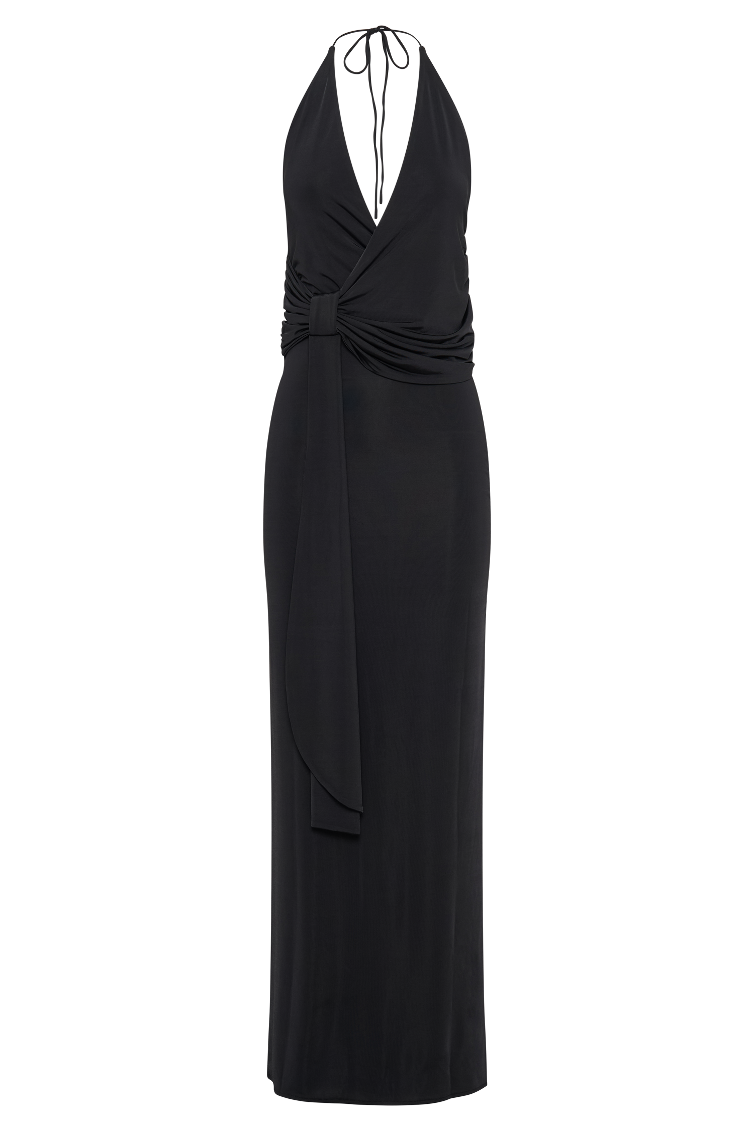 Tyla Slinky Halter Maxi Dress with Draped Bodice & Open Back | Black