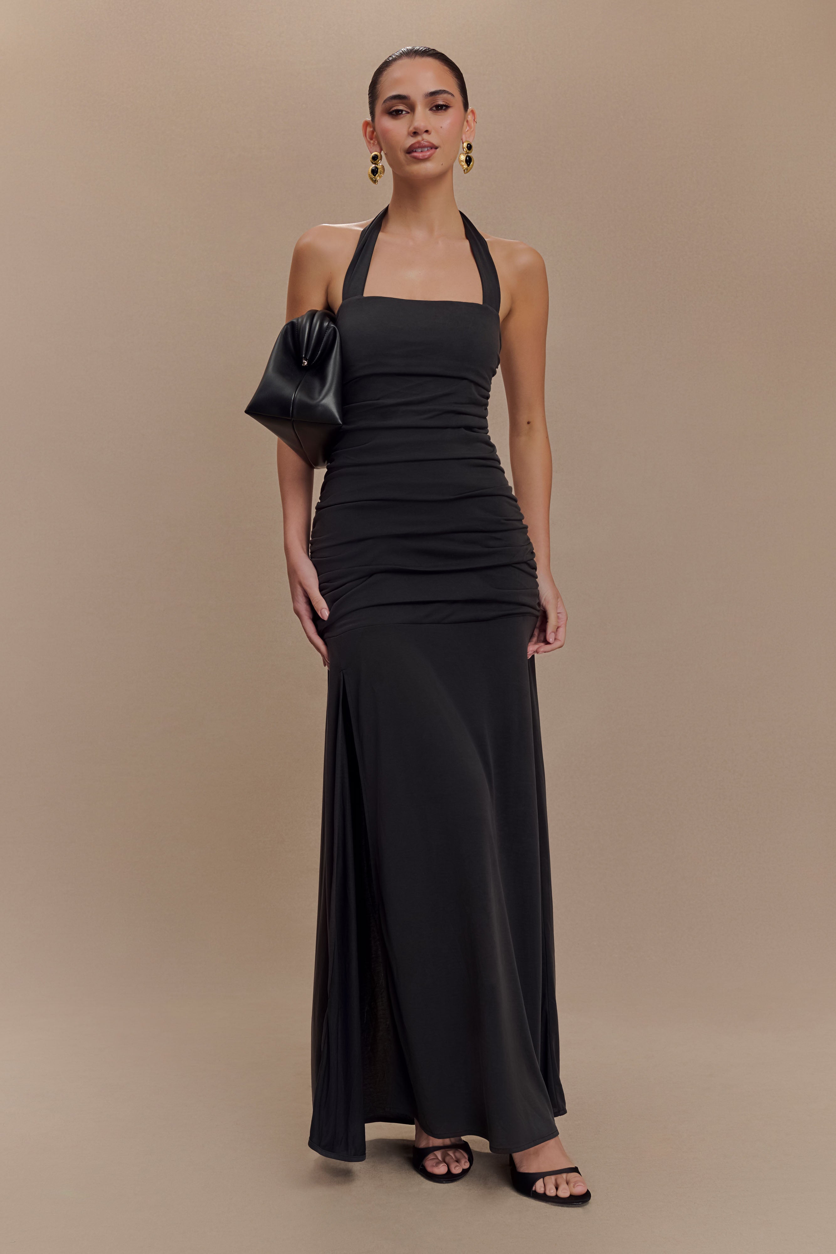 Halter Maxi Dress with Ruched Bodice & Leg Split | Bentley Peached Jersey