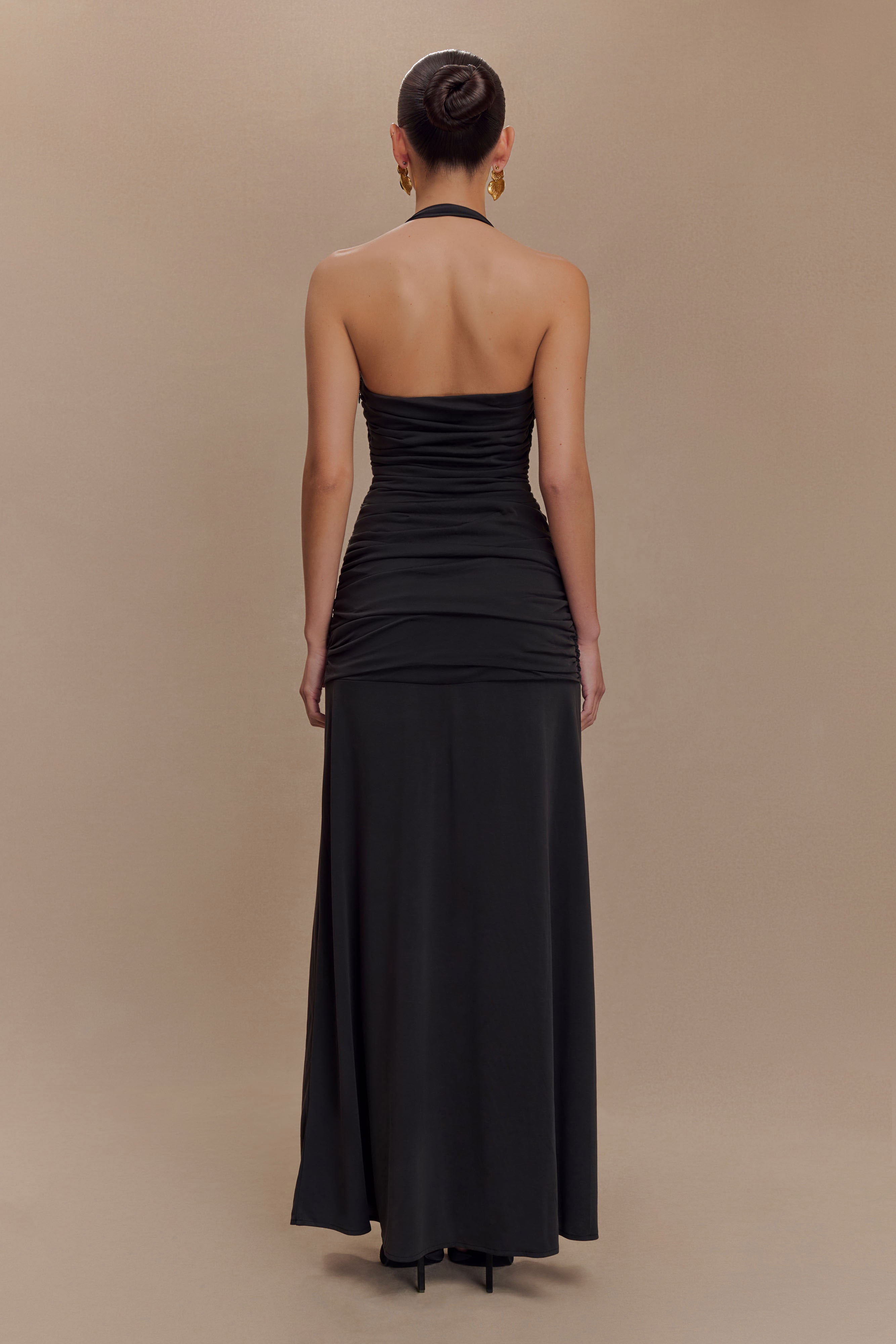 Halter Maxi Dress with Ruched Bodice & Leg Split | Bentley Peached Jersey