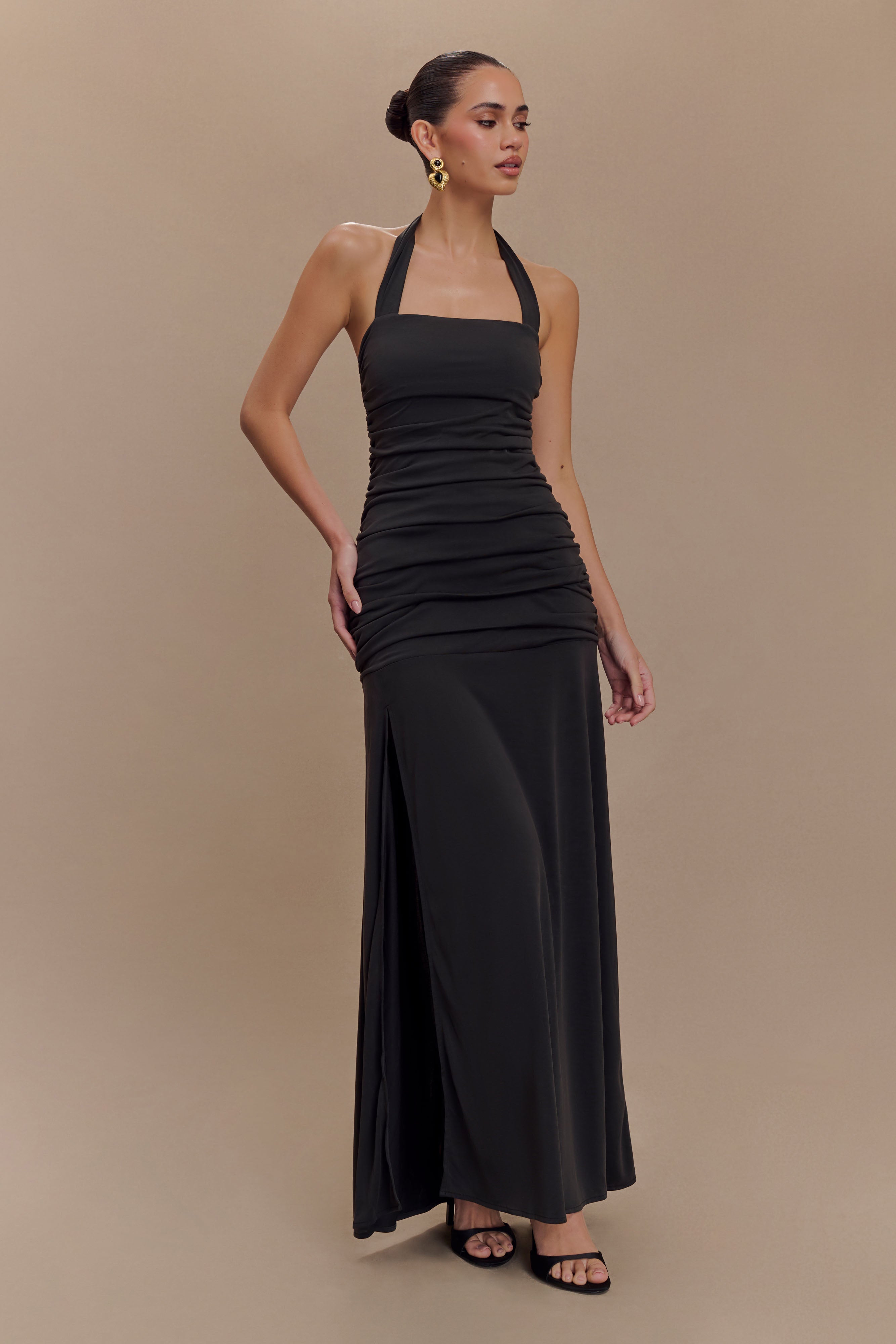 Halter Maxi Dress with Ruched Bodice & Leg Split | Bentley Peached Jersey