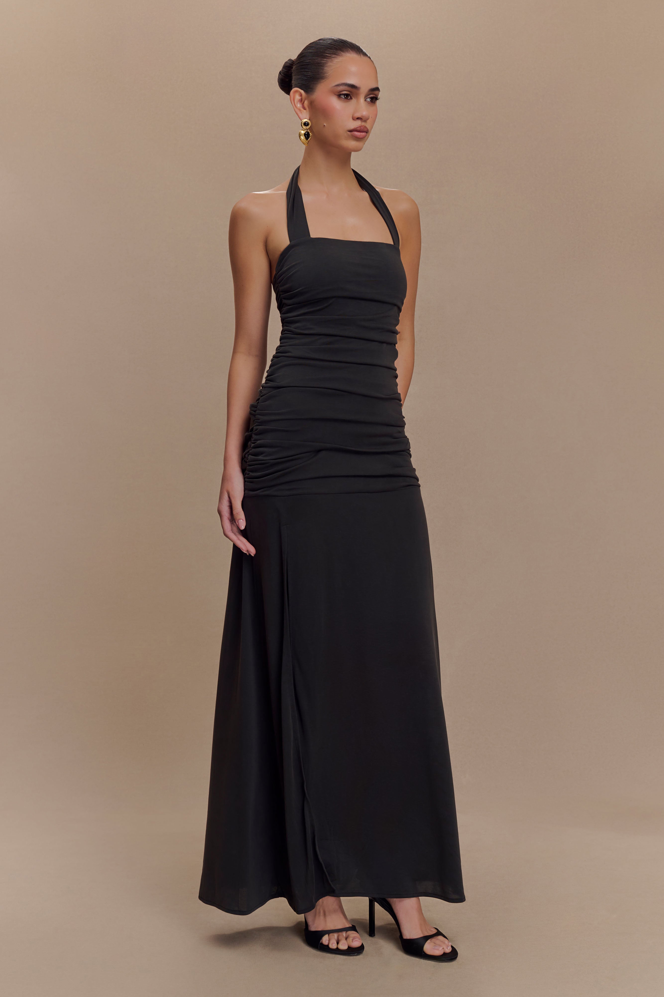 Halter Maxi Dress with Ruched Bodice & Leg Split | Bentley Peached Jersey