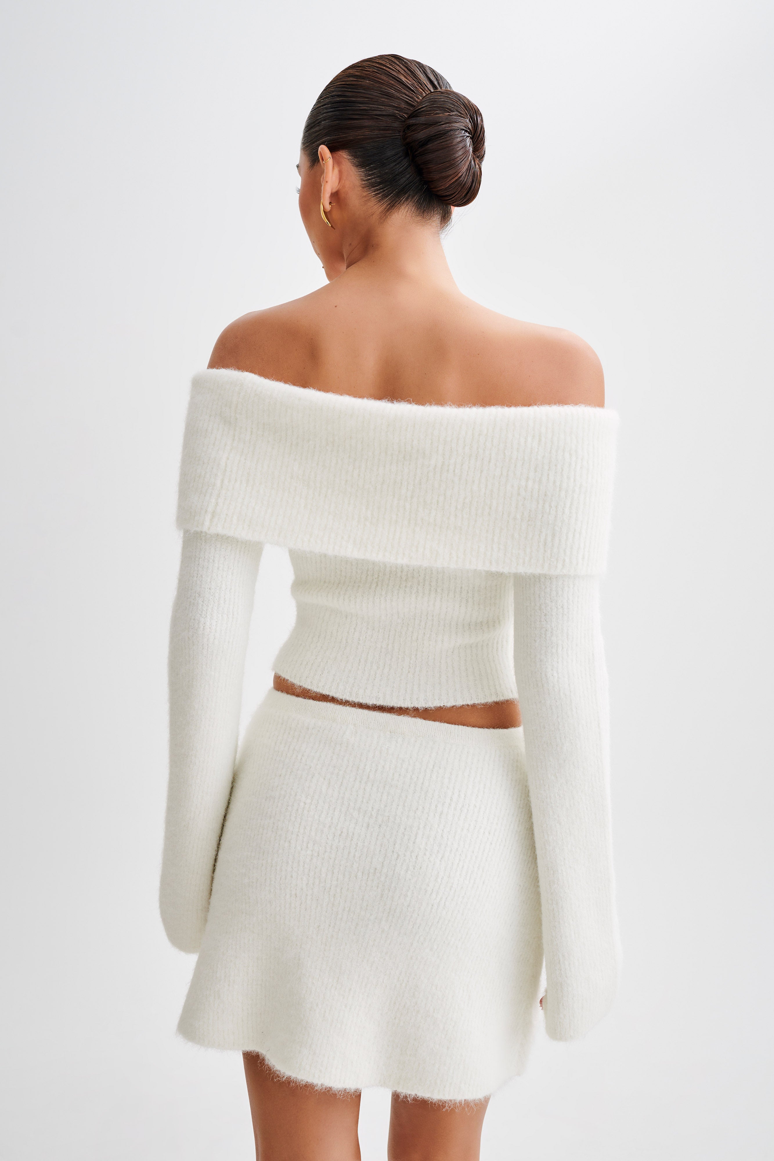 Off Shoulder Fluffy Knit Top with Bardot Neckline | Baxter Ivory