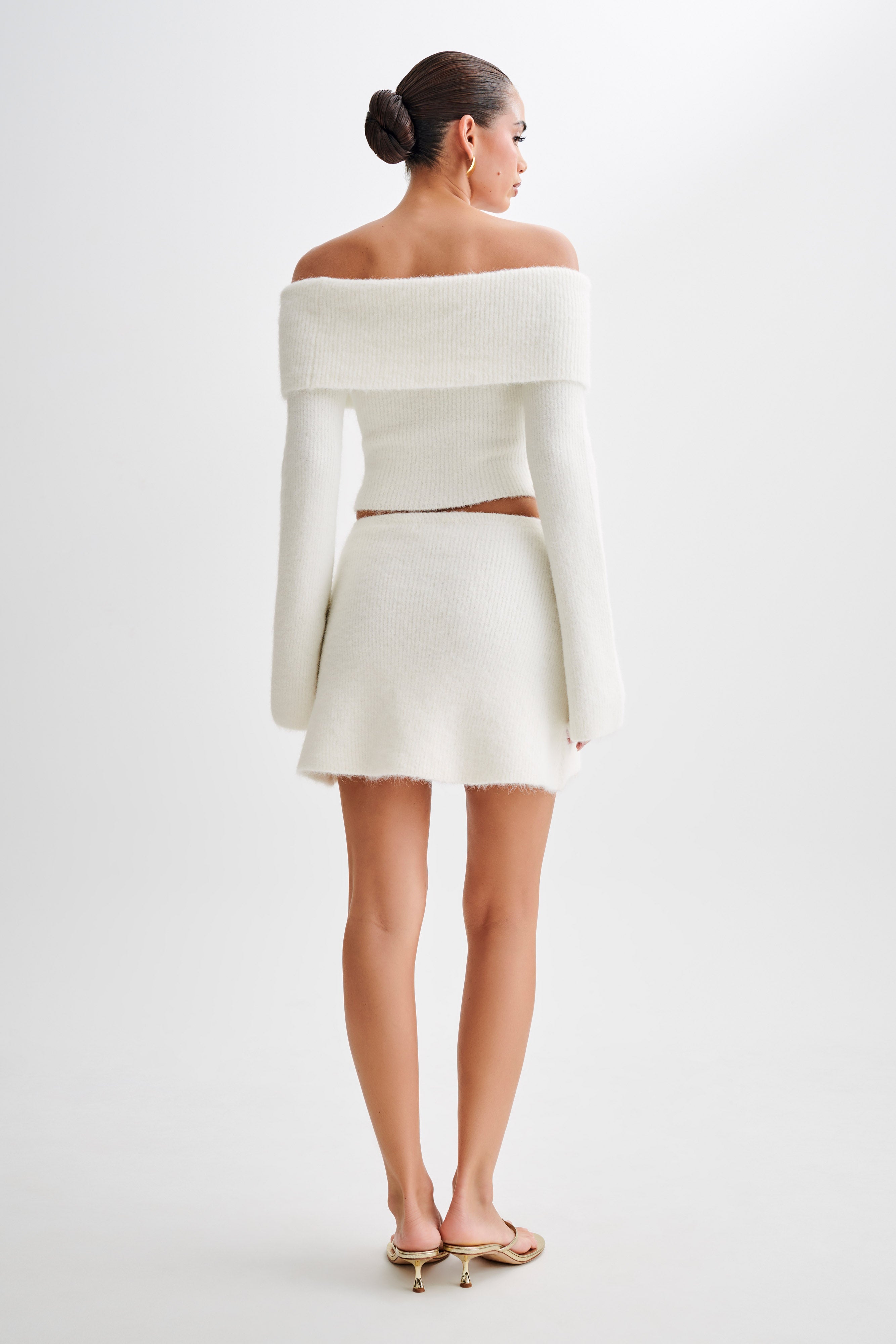 Off Shoulder Fluffy Knit Top with Bardot Neckline | Baxter Ivory