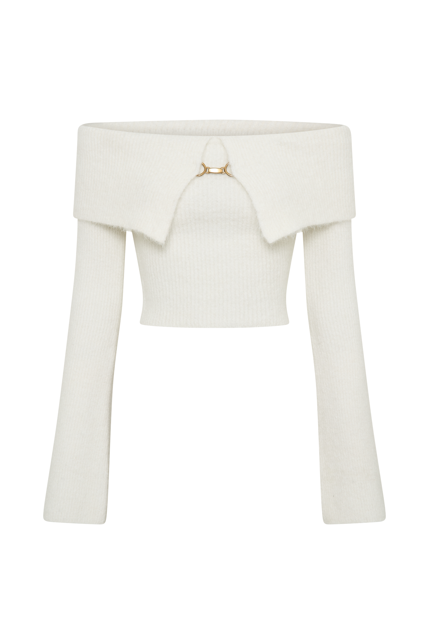 Off Shoulder Fluffy Knit Top with Bardot Neckline | Baxter Ivory