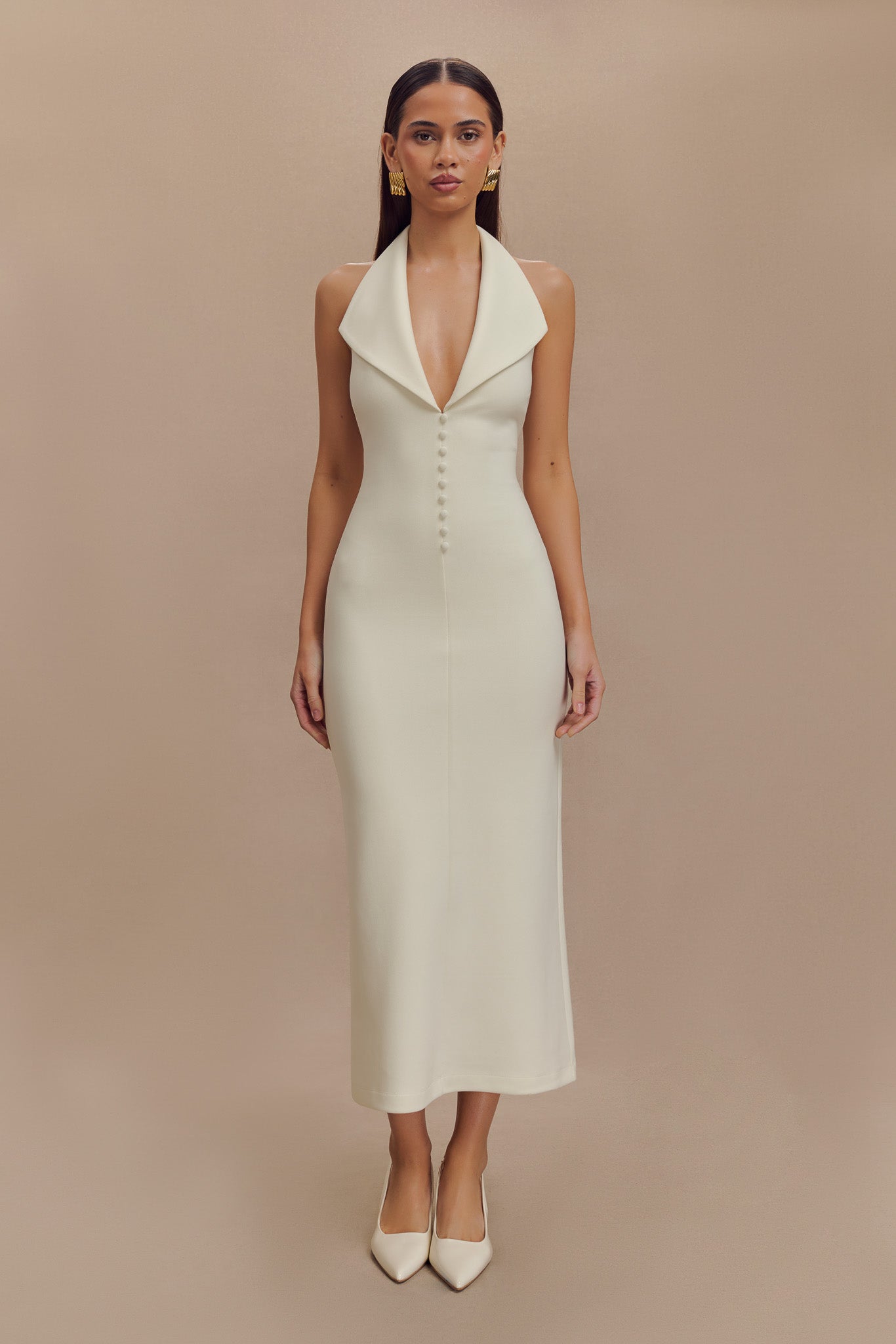 Crepe Halter Midi Dress with V Neckline & Open Back | Annita Ivory