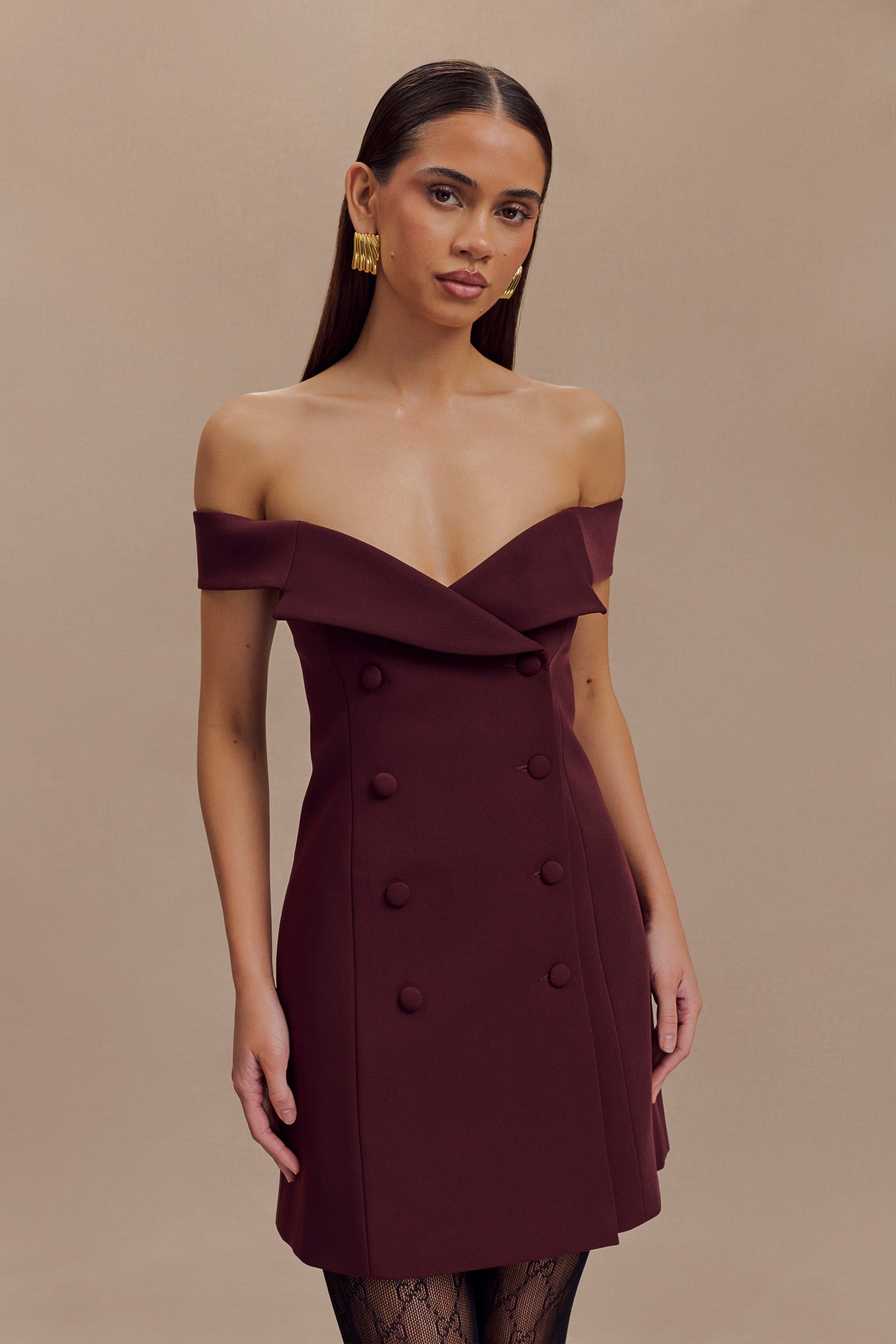 Off Shoulder Mini Dress with Bardot Neckline | Noelle Suiting Dress