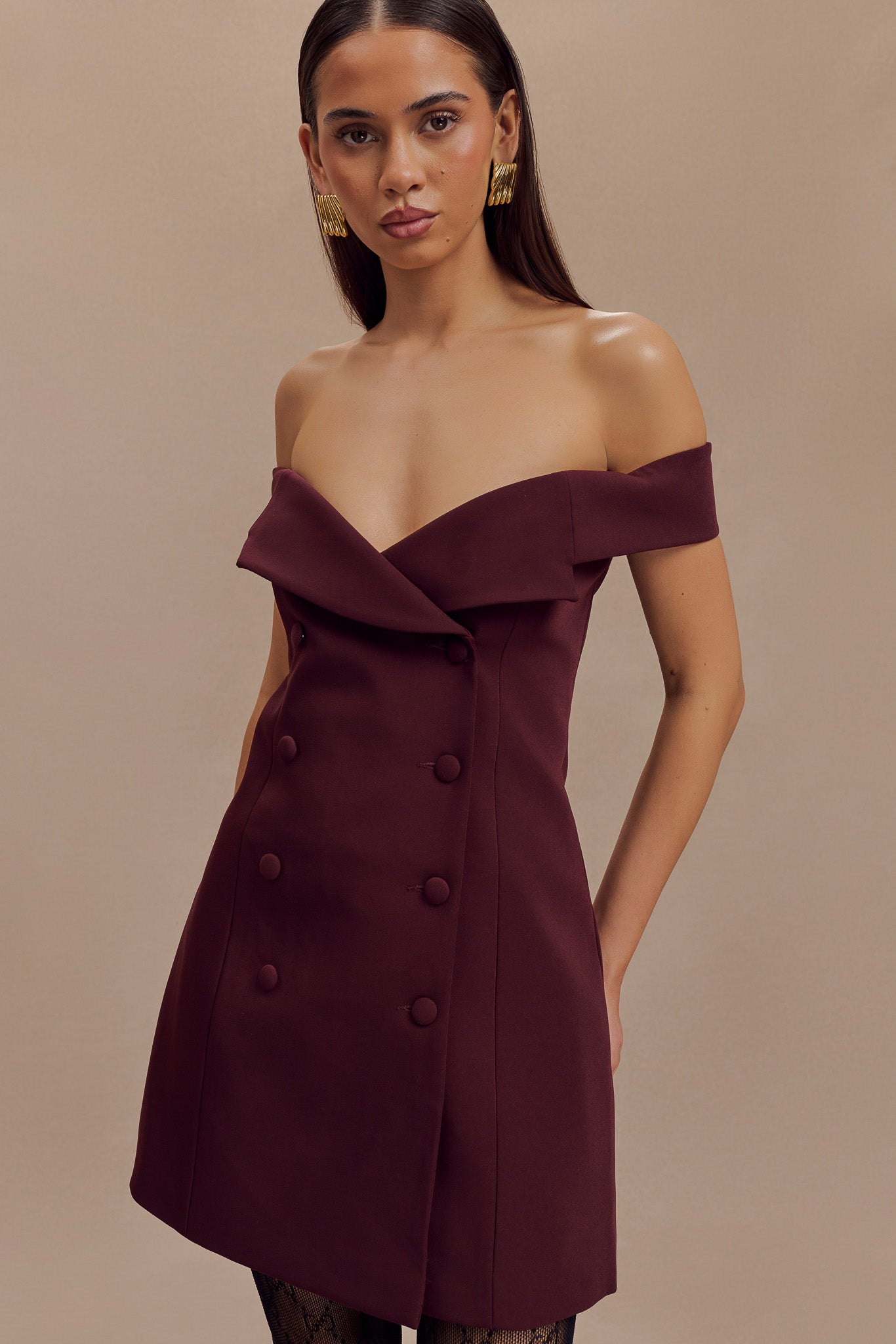 Off Shoulder Mini Dress with Bardot Neckline | Noelle Suiting Dress