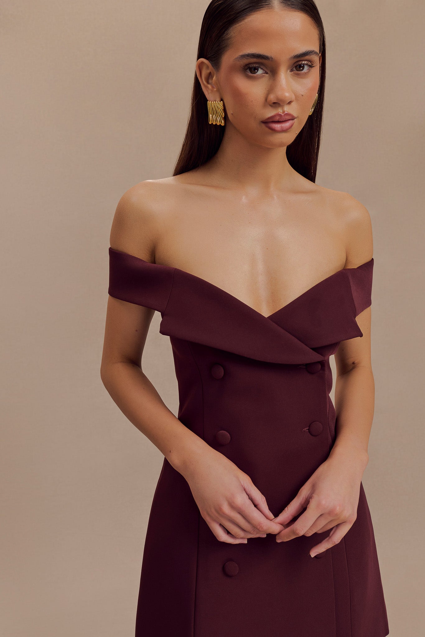 Off Shoulder Mini Dress with Bardot Neckline | Noelle Suiting Dress