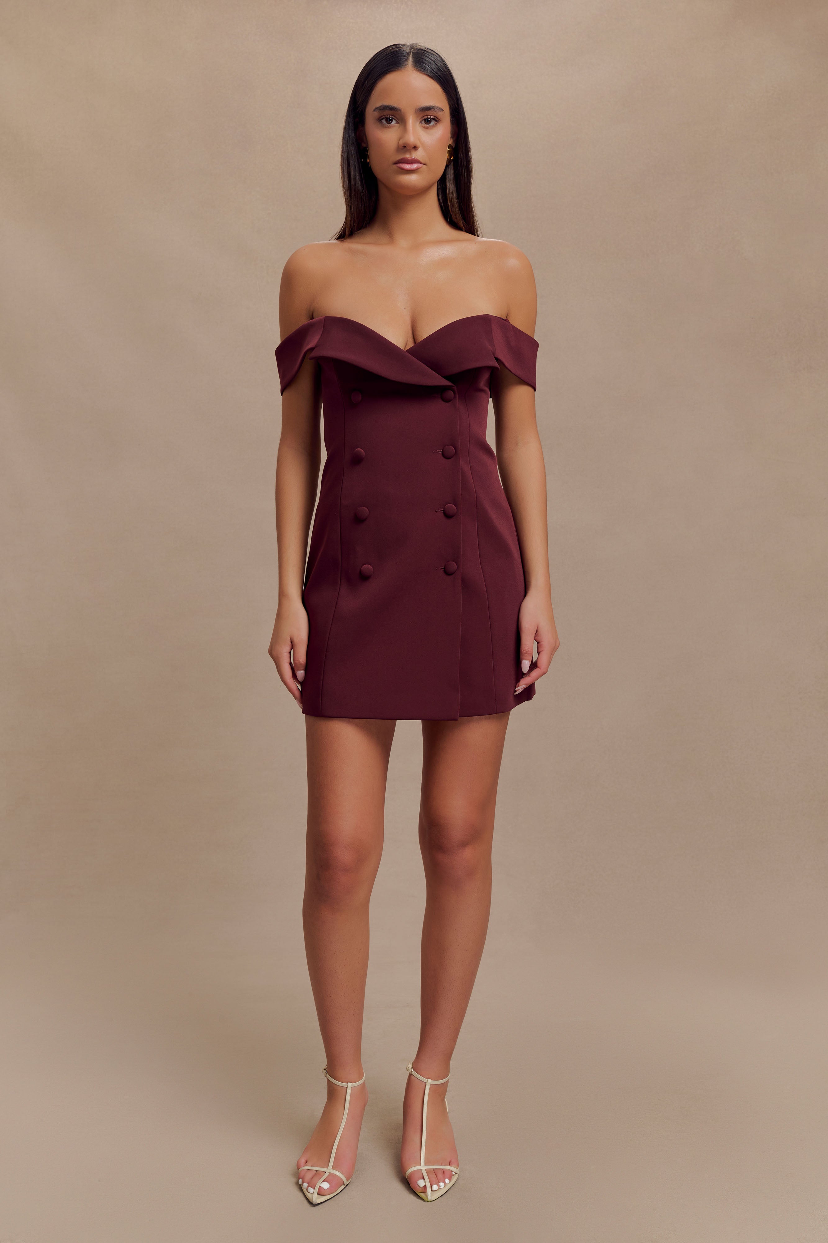 Off Shoulder Mini Dress with Bardot Neckline | Noelle Suiting Dress