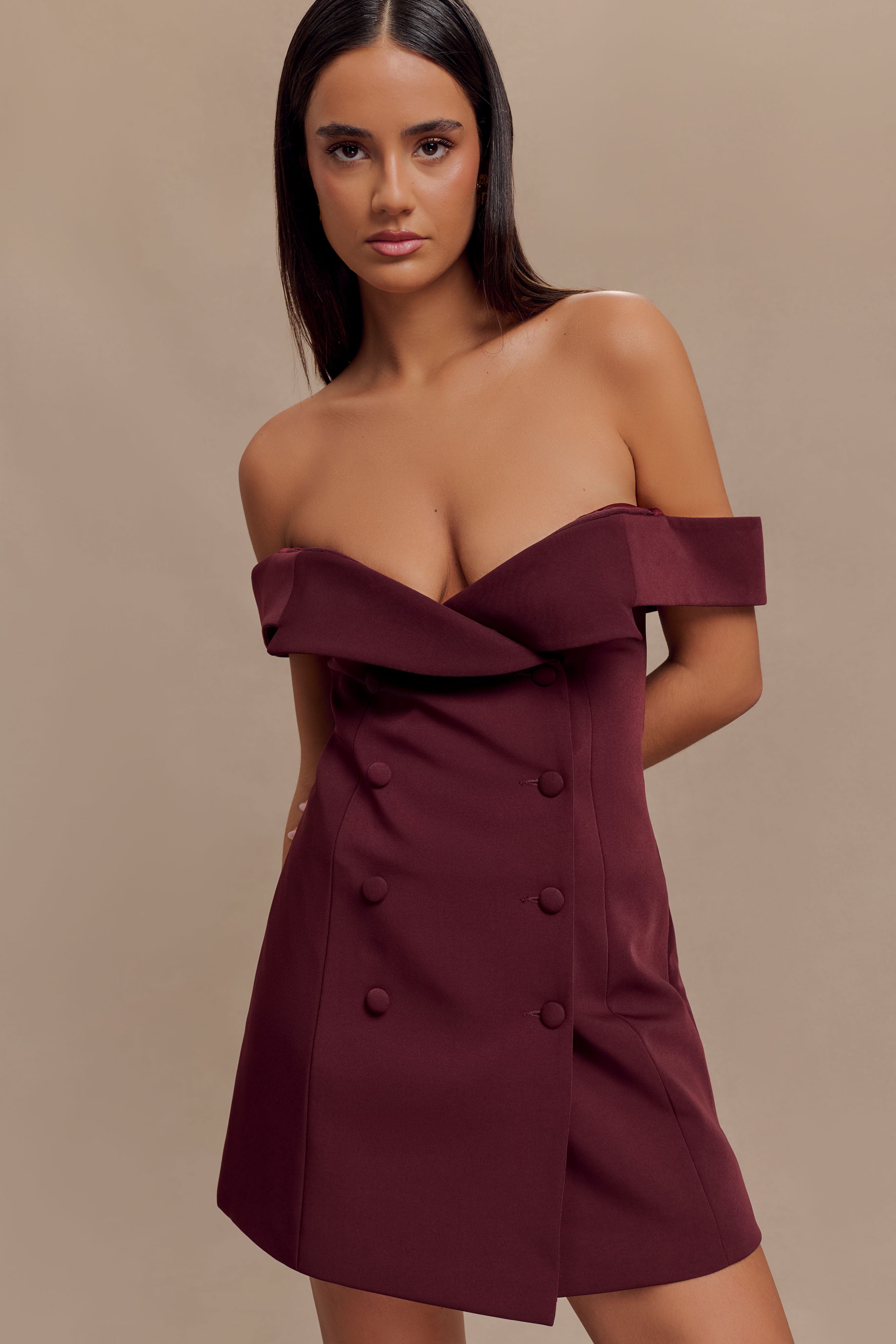 Off Shoulder Mini Dress with Bardot Neckline | Noelle Suiting Dress
