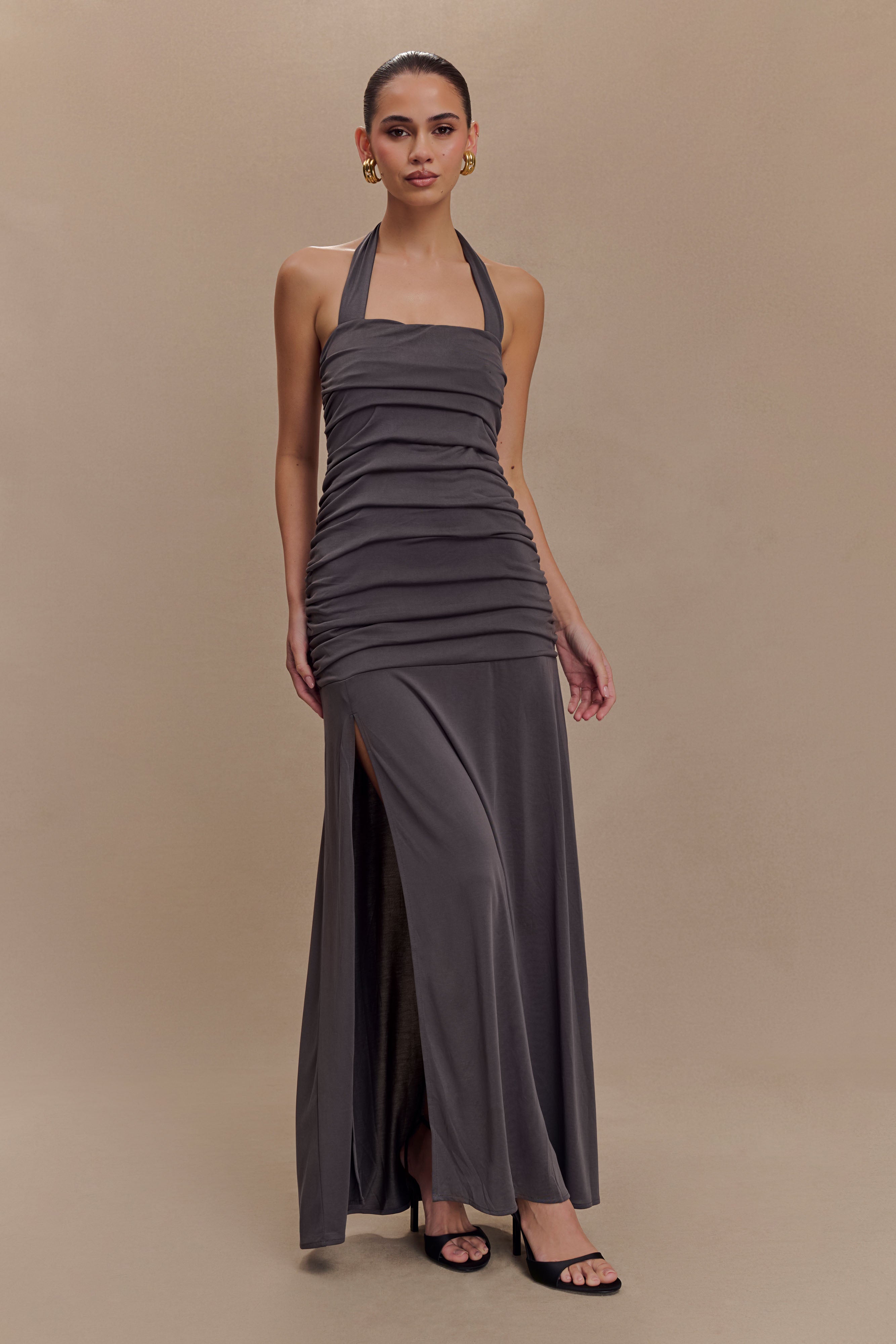 Halter Maxi Dress with Ruched Bodice & Leg Split | Bentley Peached Jersey