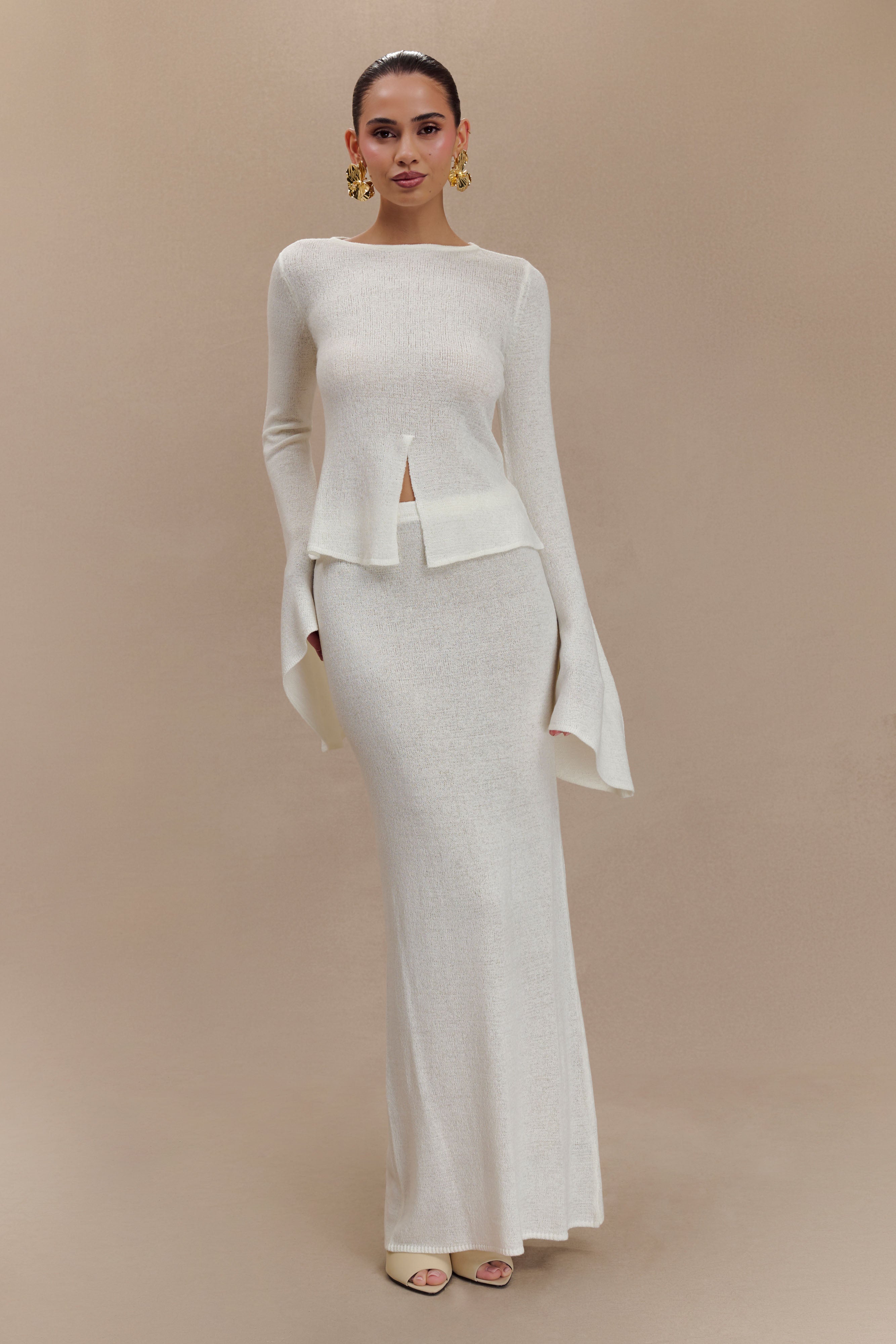 Knit Maxi Skirt with Fishtail Hem & Elastic Waist | Phoebe Ivory