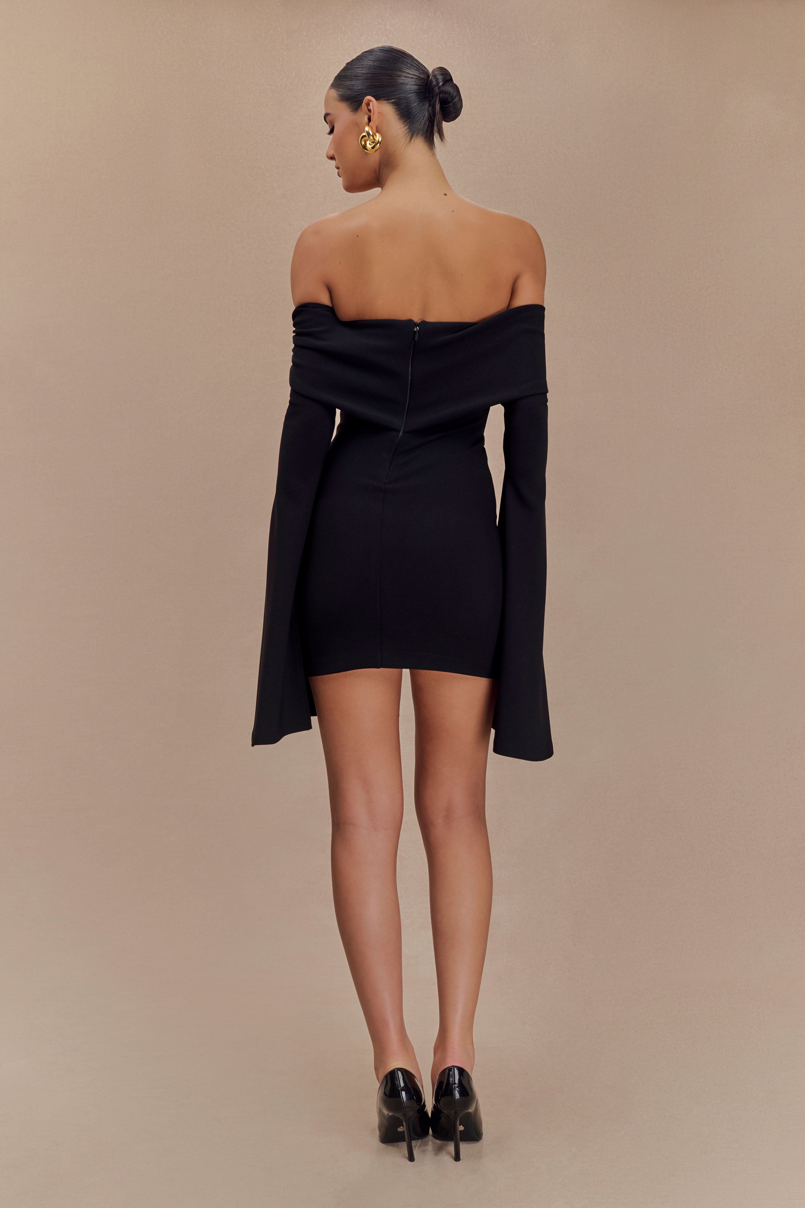 Off Shoulder Mini Dress with Long Sleeves & Ruched Detail | Dominique Black