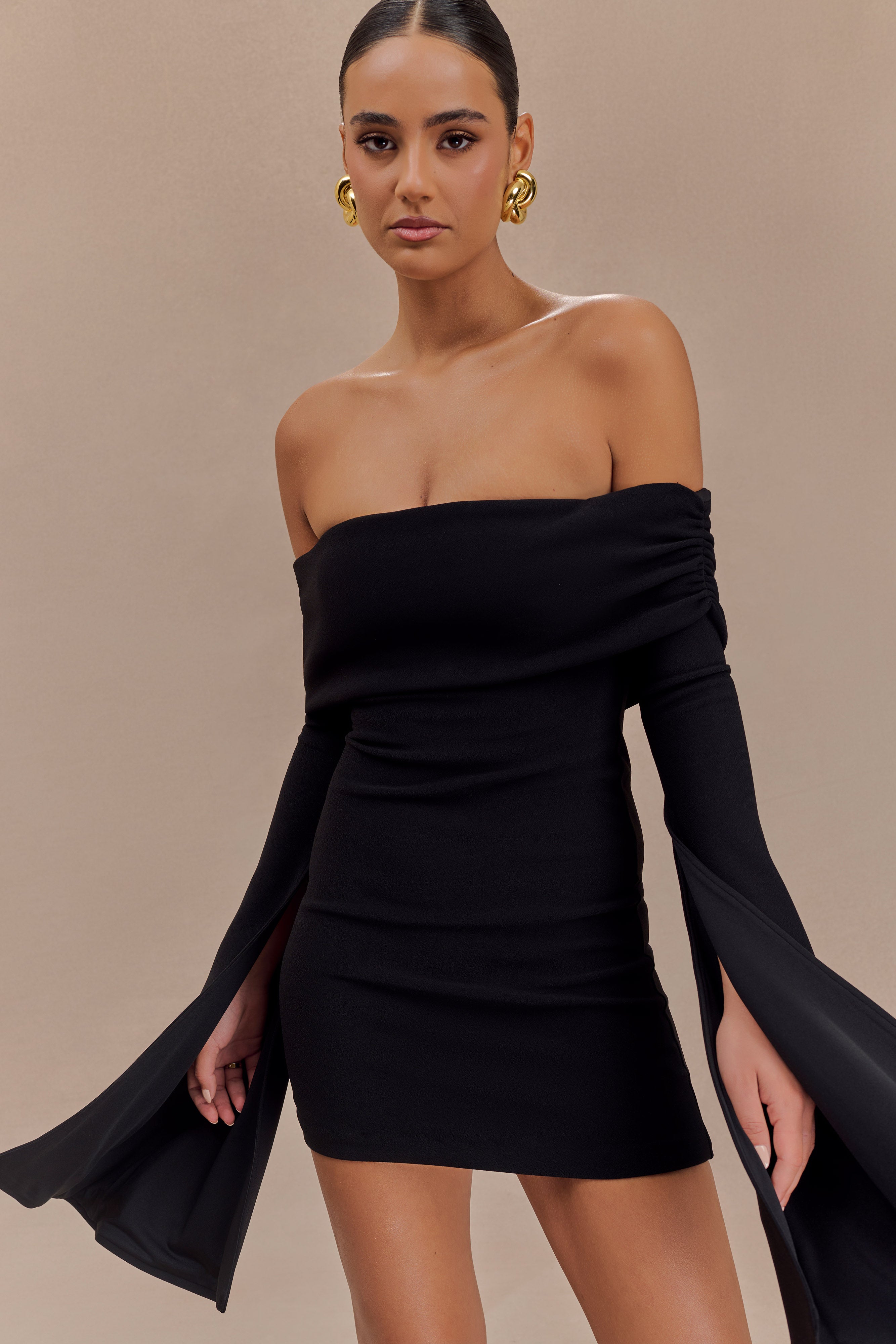 Off Shoulder Mini Dress with Long Sleeves & Ruched Detail | Dominique Black
