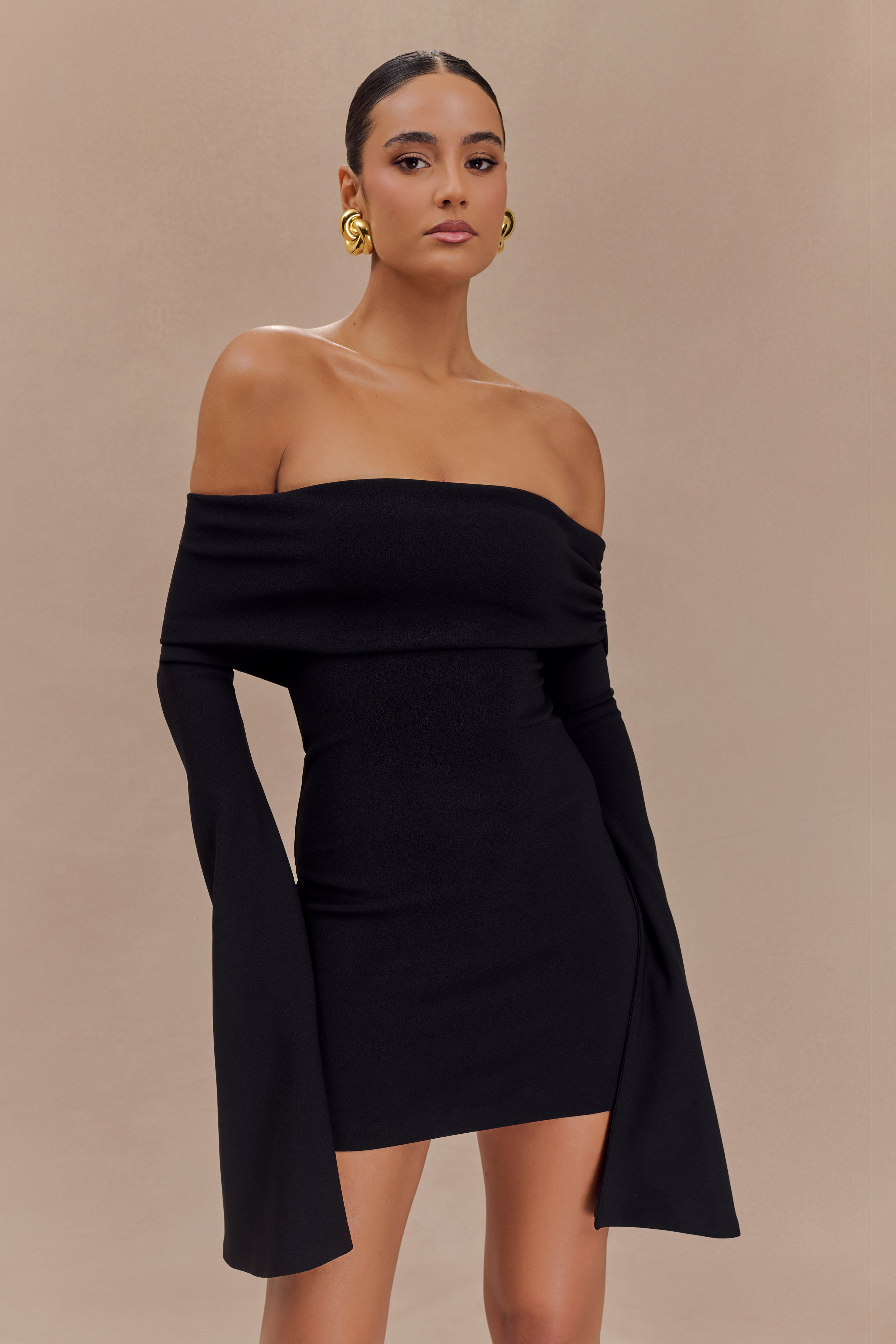 Off Shoulder Mini Dress with Long Sleeves & Ruched Detail | Dominique Black