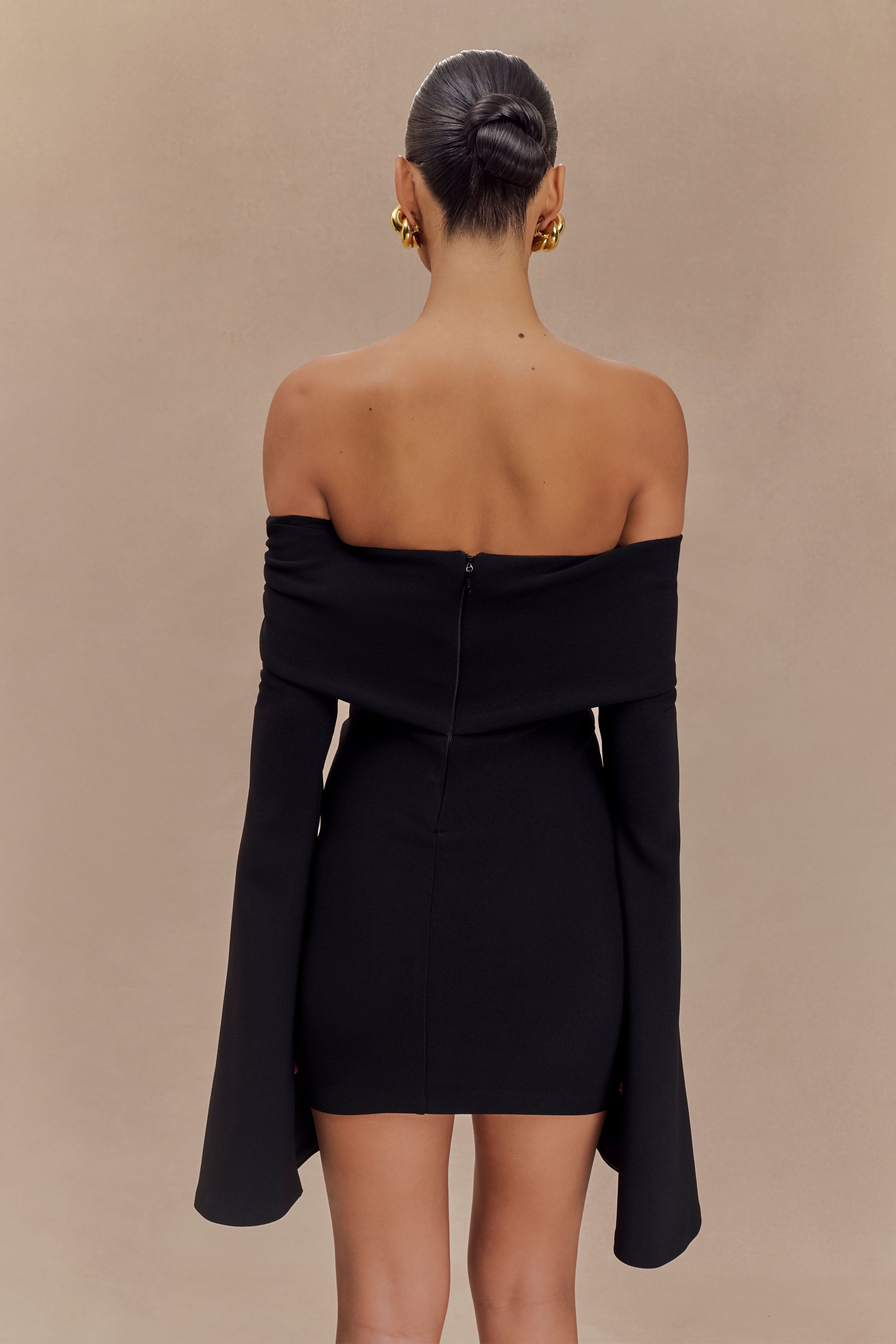 Off Shoulder Mini Dress with Long Sleeves & Ruched Detail | Dominique Black