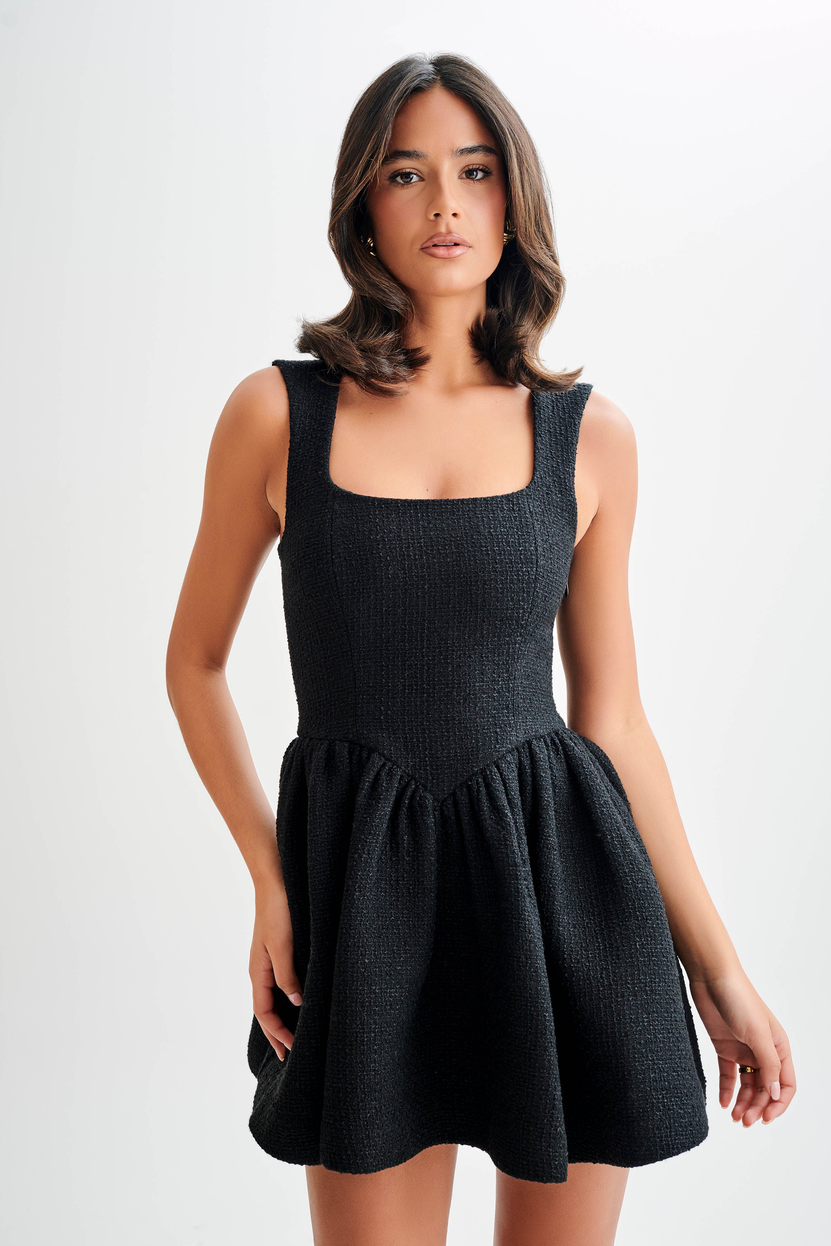 Boucle Mini Dress with Square Neckline & Gathered Skirt | Jennifer