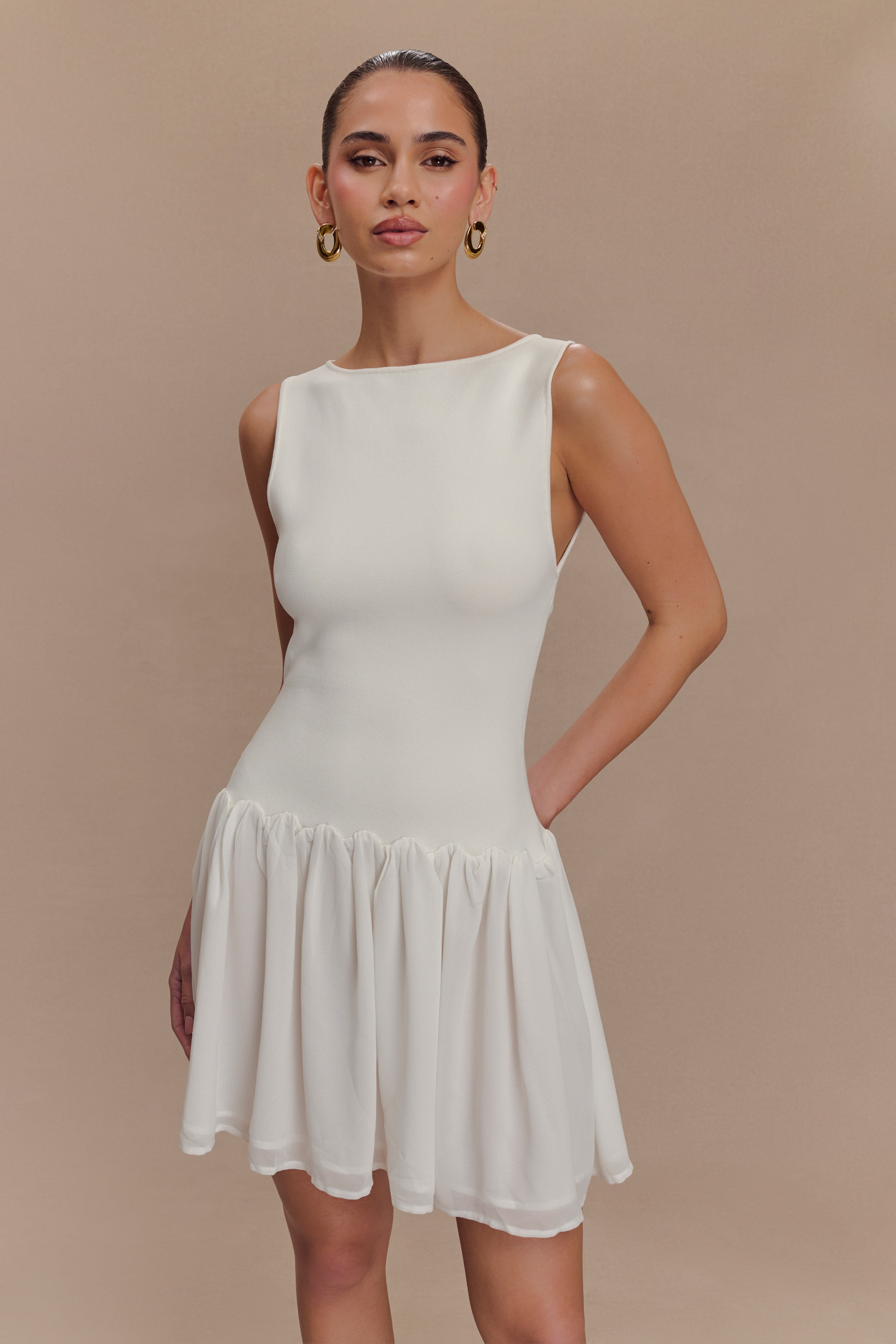 Knit & Chiffon Mini Dress with Fitted Bodice | Ashleigh Ivory
