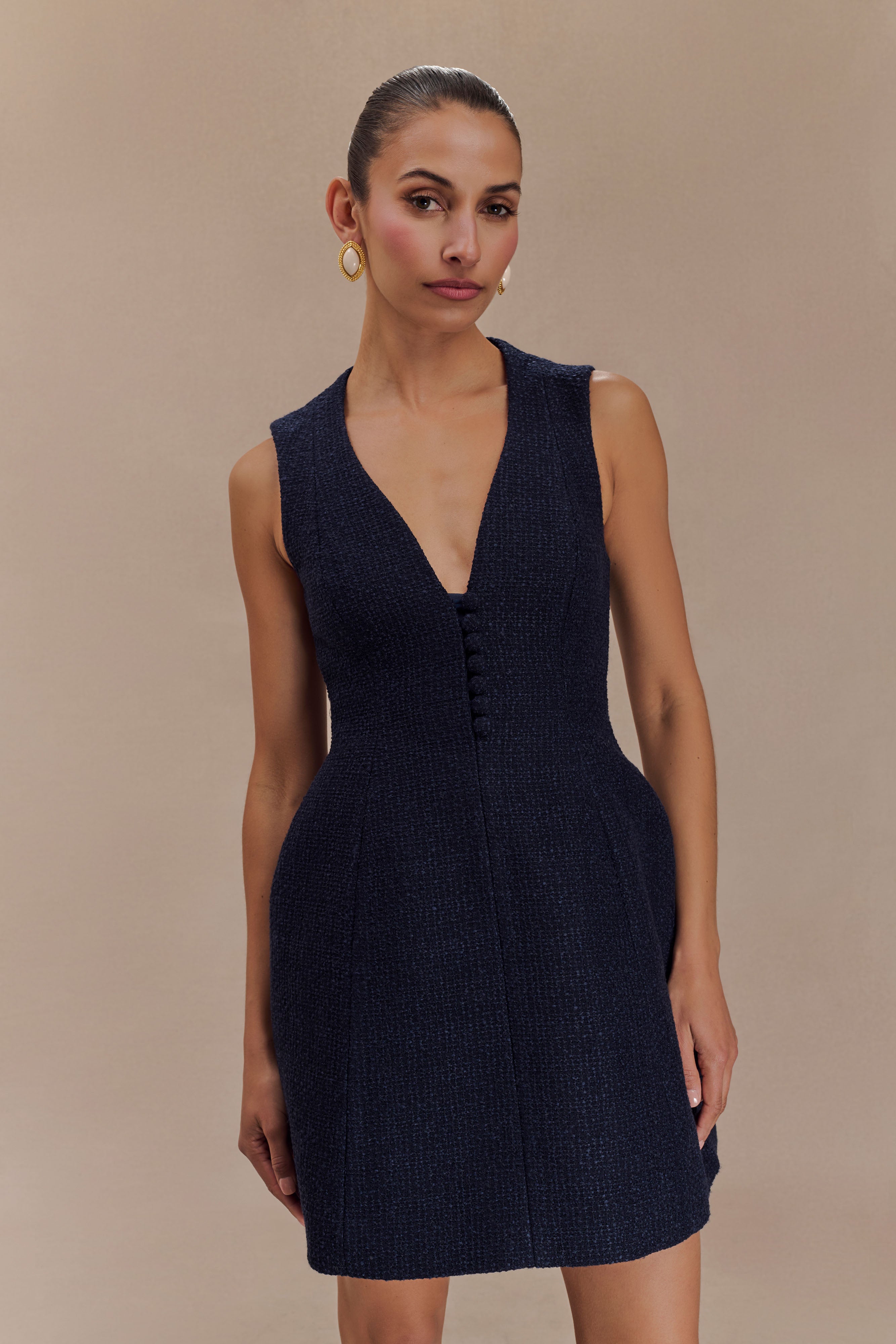 Boucle Mini Dress with Pleats & V Neckline | Danna Midnight Blue