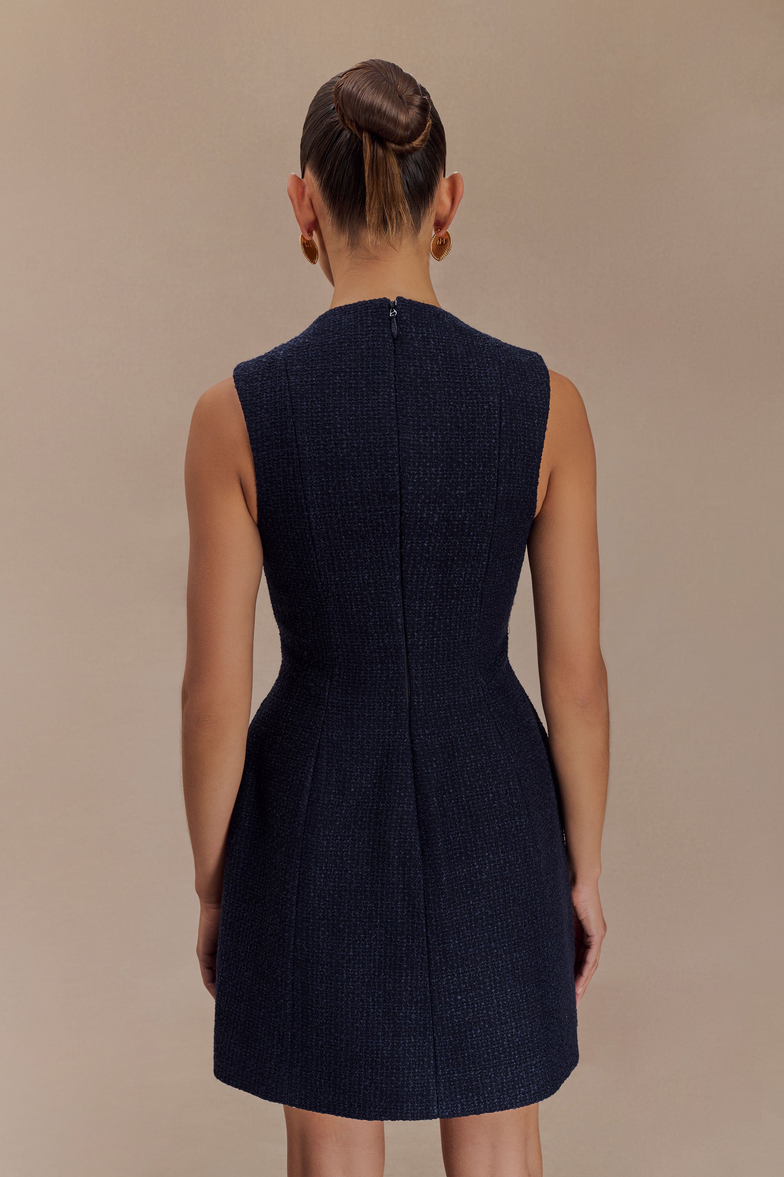Boucle Mini Dress with Pleats & V Neckline | Danna Midnight Blue
