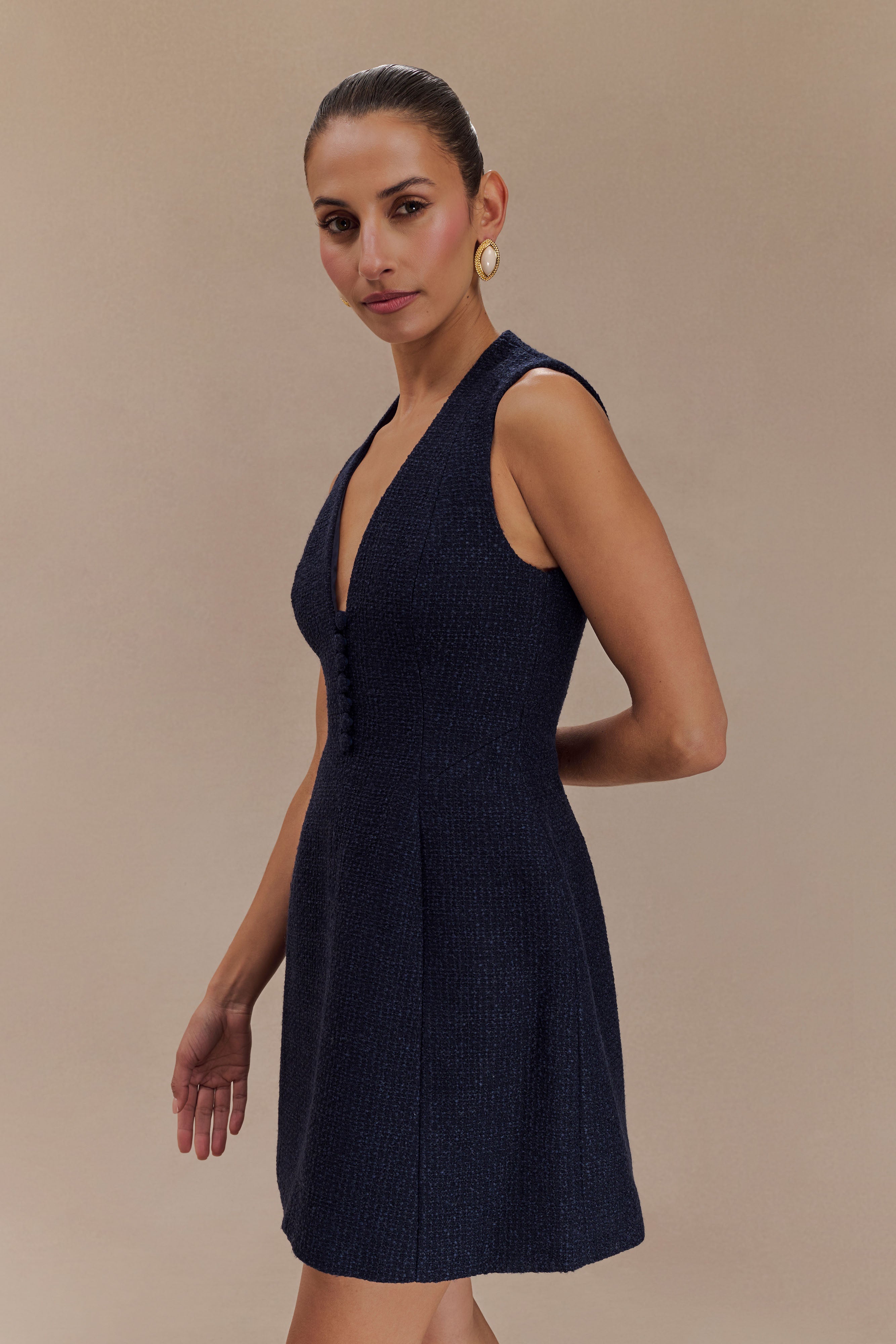 Boucle Mini Dress with Pleats & V Neckline | Danna Midnight Blue