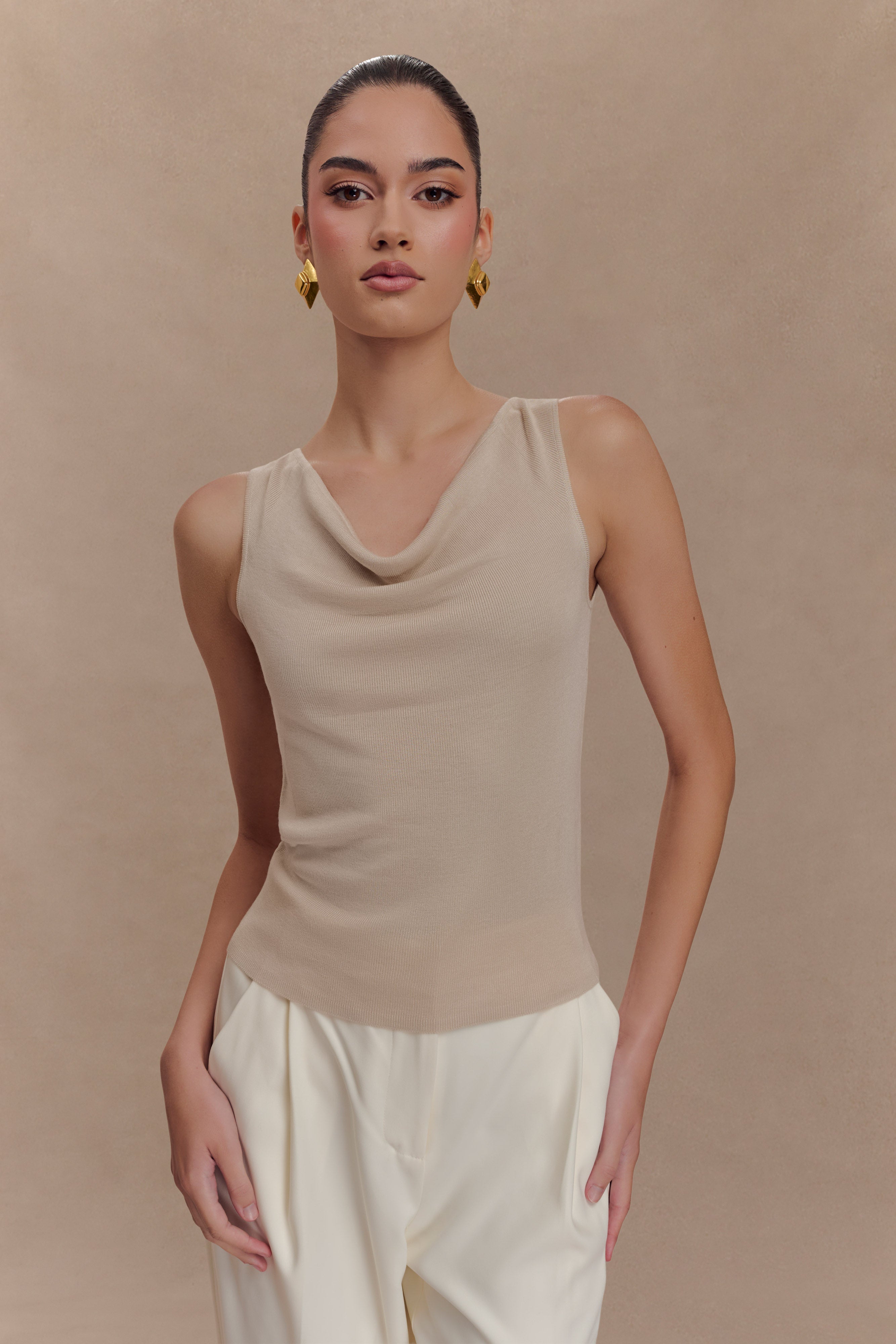 Effortlessly Chic Sleeveless Knit Top with Cowl Neck | Brenda