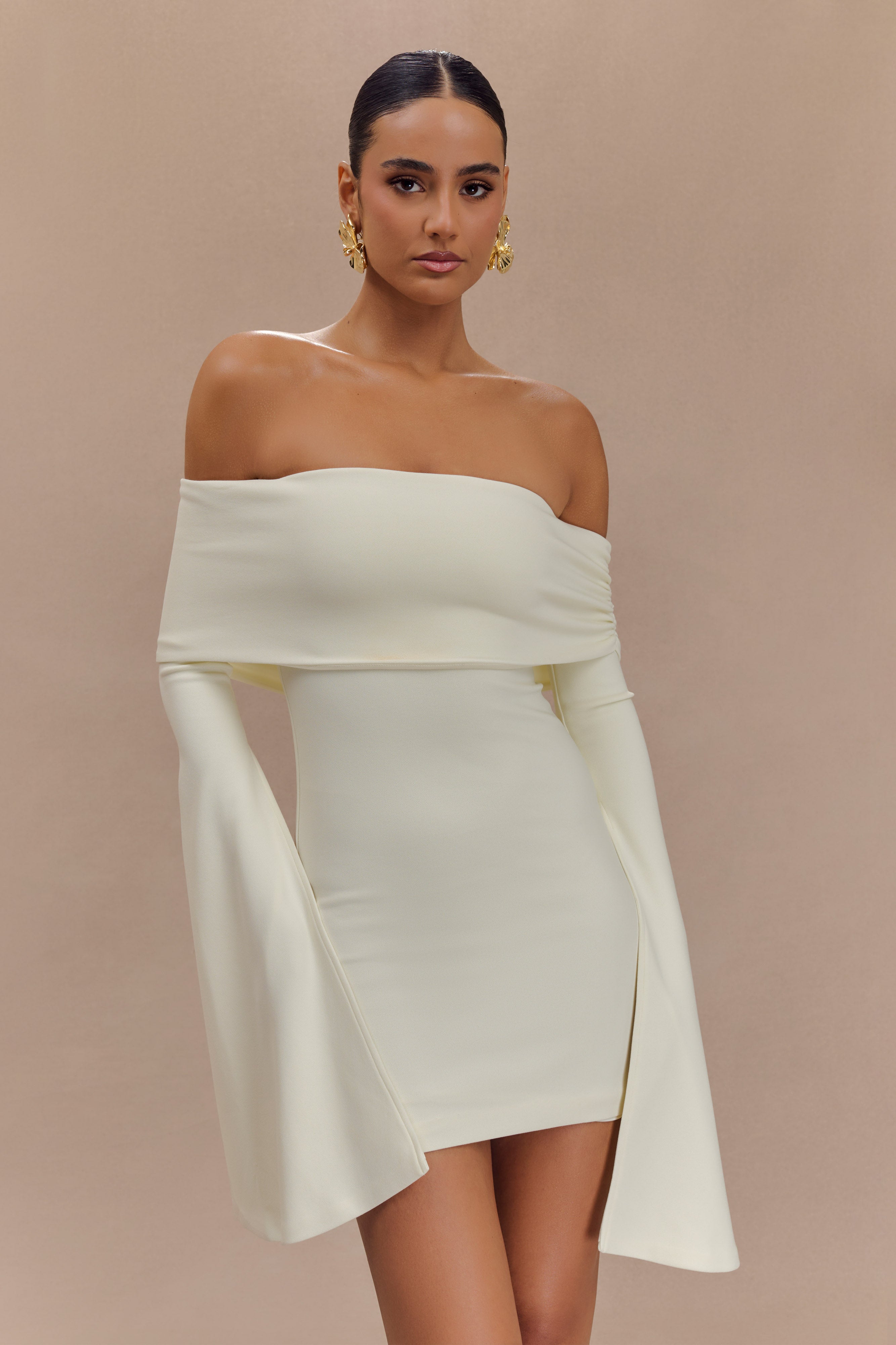 Off Shoulder Mini Dress with Long Sleeves & Ruched Detail | Dominique Ivory