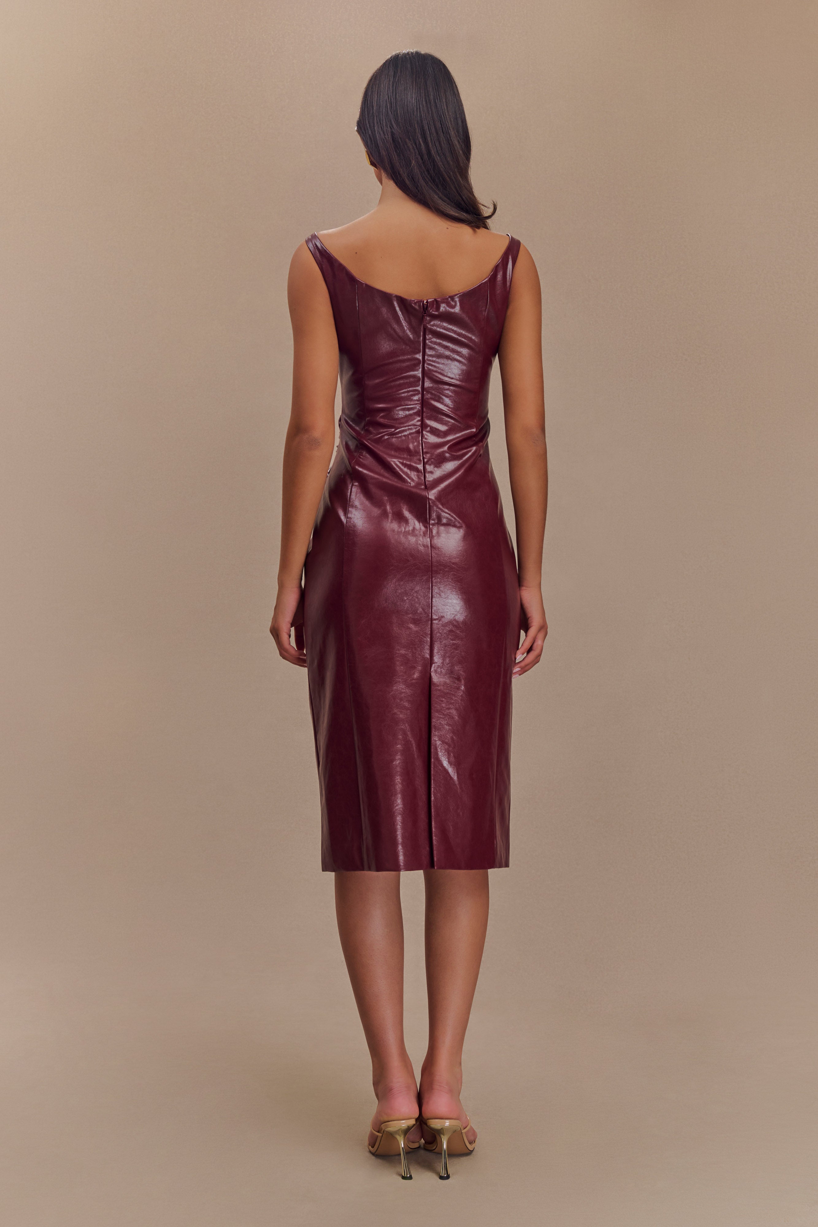 Faux Leather Midi Dress with Waist Gathered Detail | Sonia Cherry Red