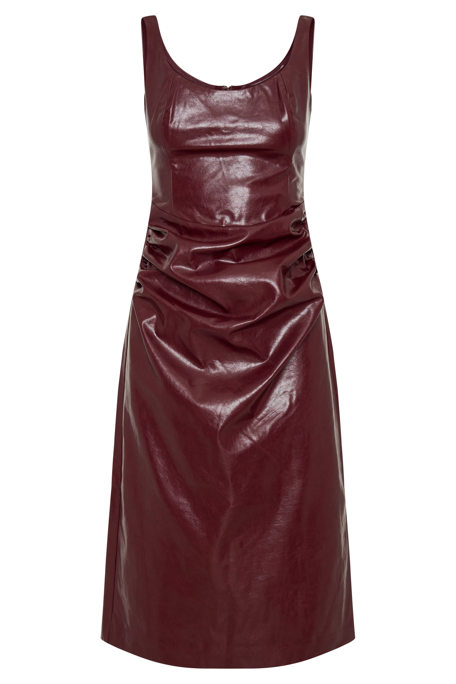 Faux Leather Midi Dress with Waist Gathered Detail | Sonia Cherry Red