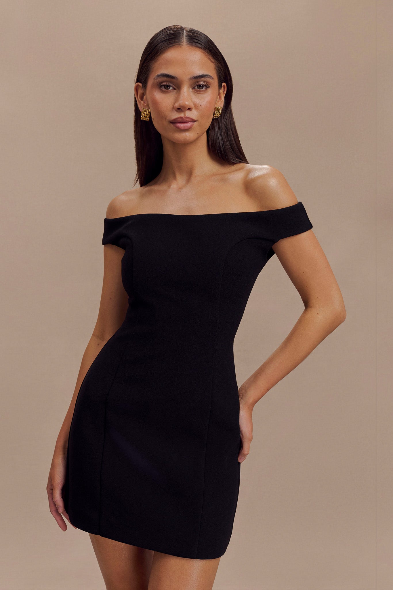 Off Shoulder Mini Dress in Stretch Crepe | Cassidy Black