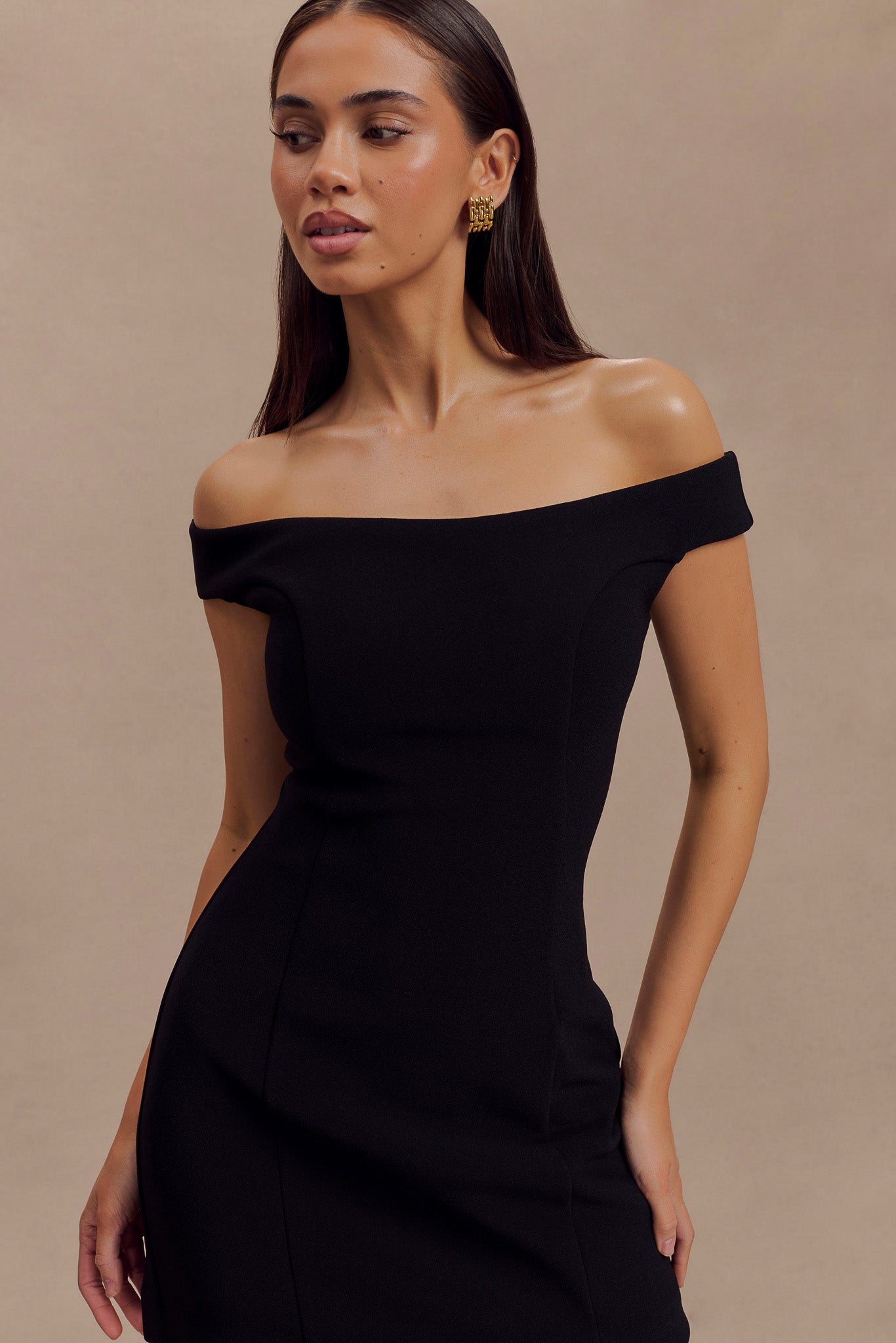 Off Shoulder Mini Dress in Stretch Crepe | Cassidy Black