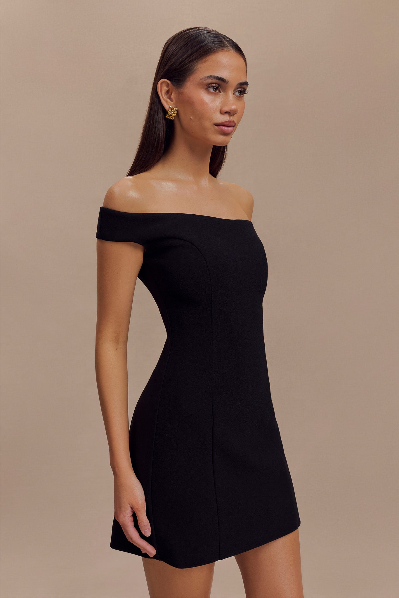 Off Shoulder Mini Dress in Stretch Crepe | Cassidy Black