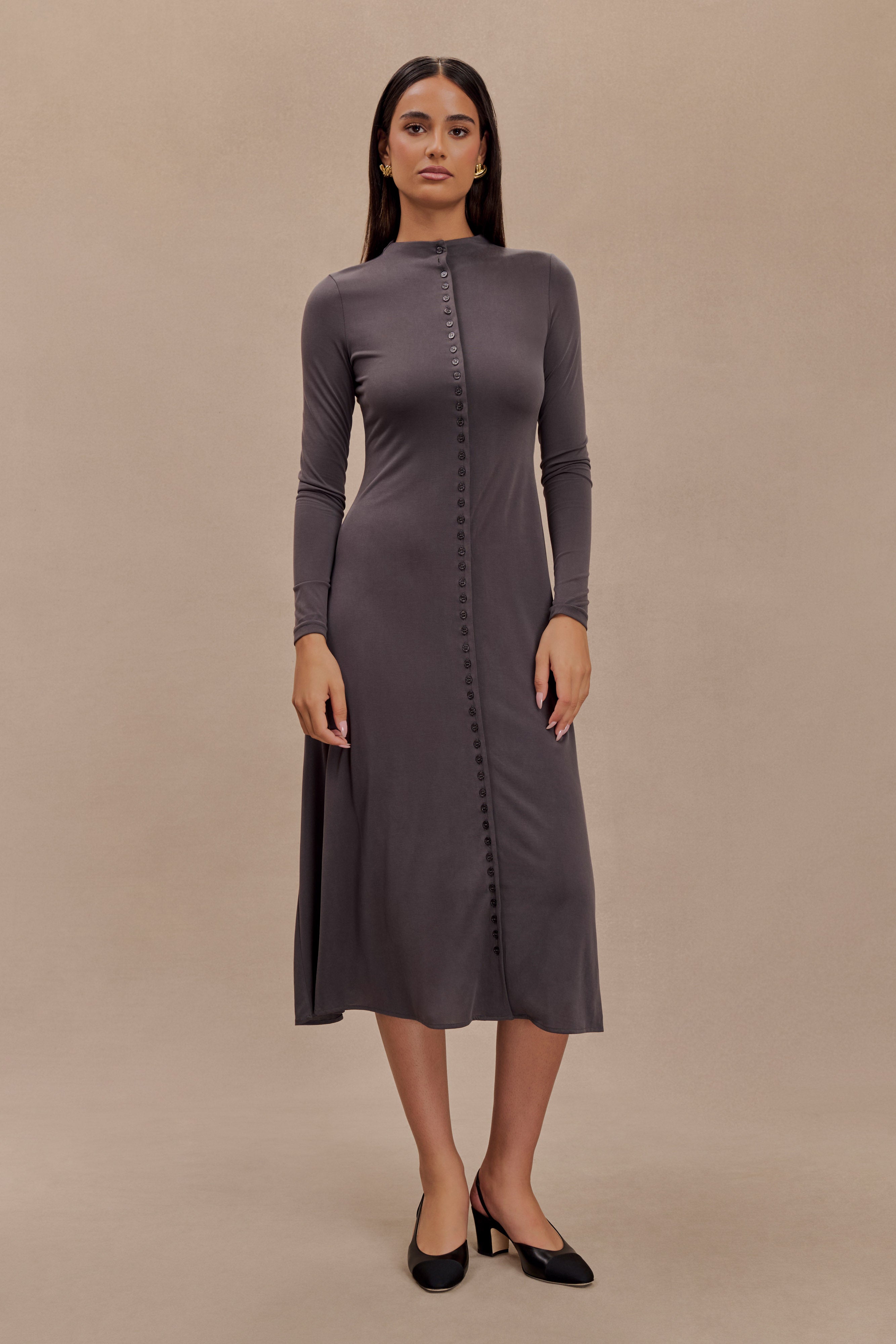 Peached Jersey Midi Dress with Flared Hem & Button Closure | Anders