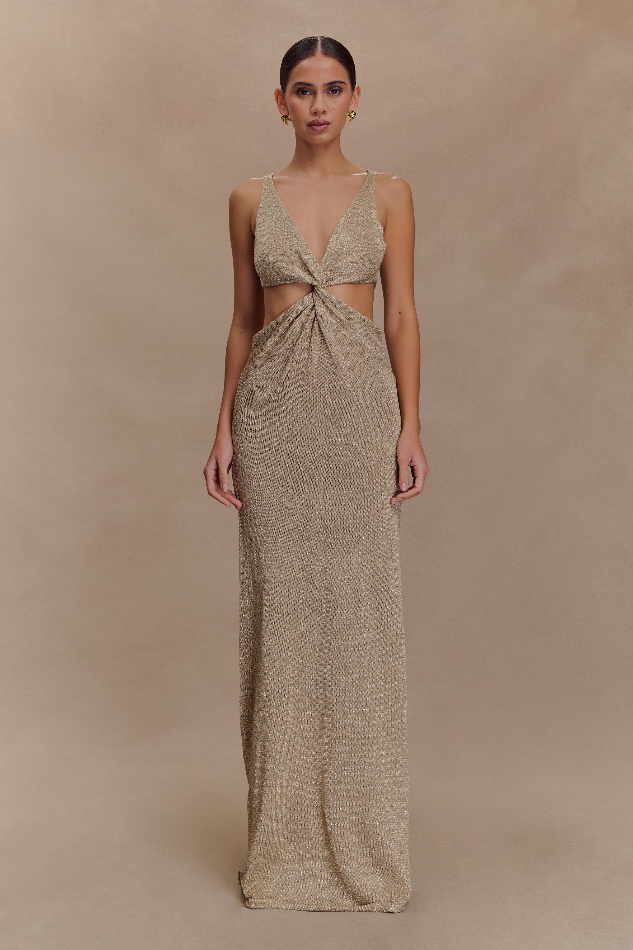 Twisted Metallic Knit Maxi Dress with Plunge Neckline | Gracelyn