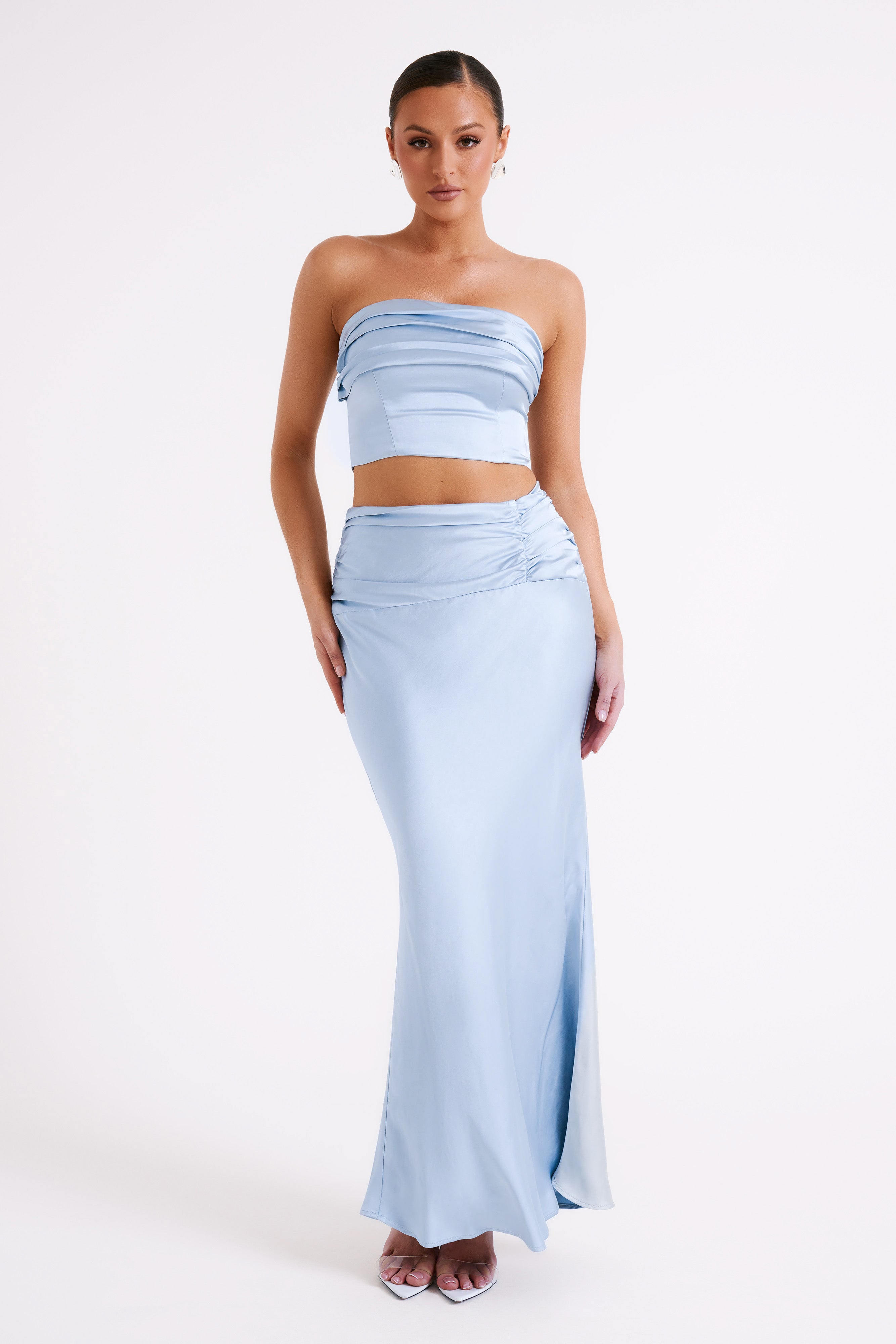 Ruched Satin Maxi Skirt with Adjustable Waist | Khalani Ice Blue