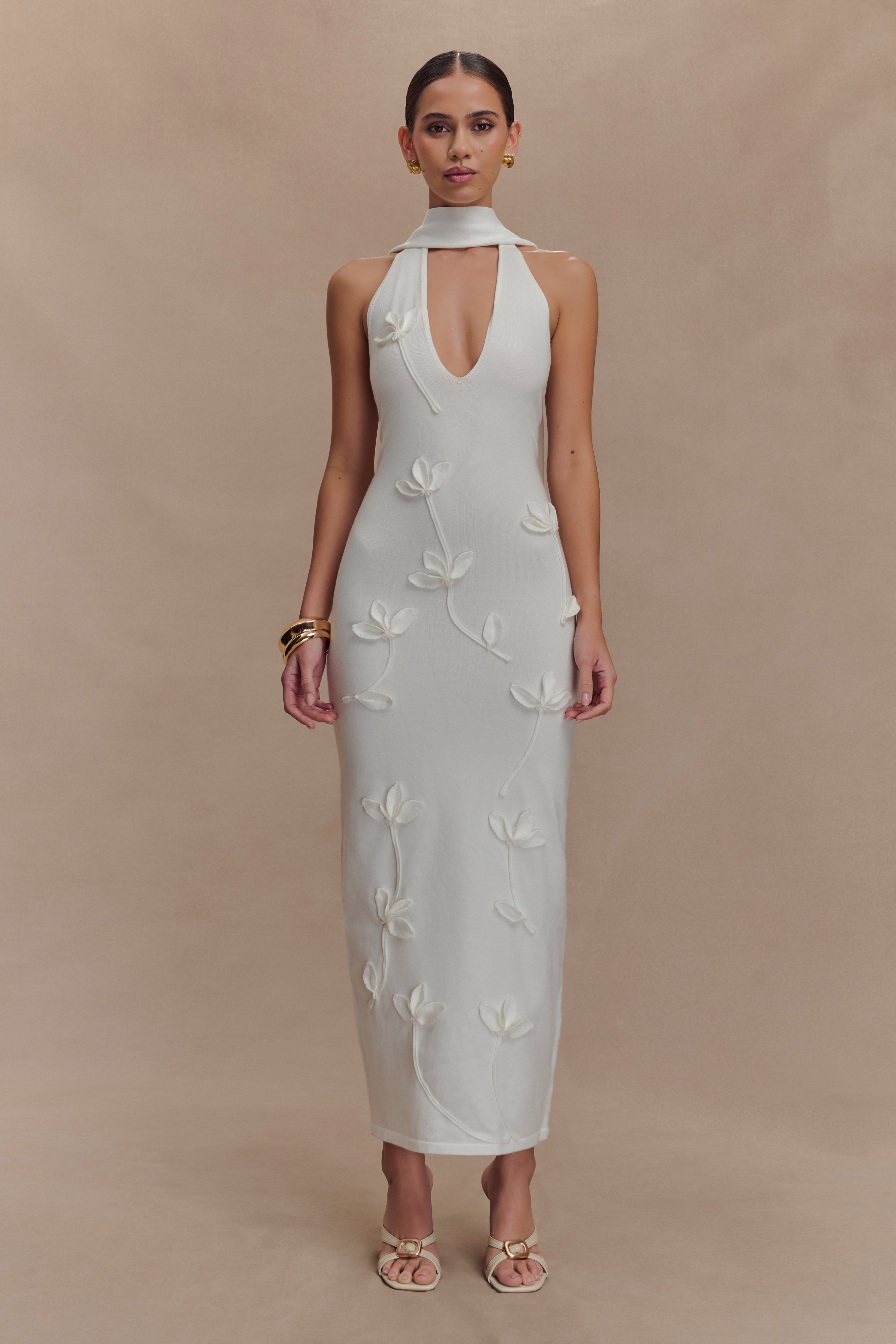 Floral Knit Midi Dress with Halter Neckline & Scarf | Wynn