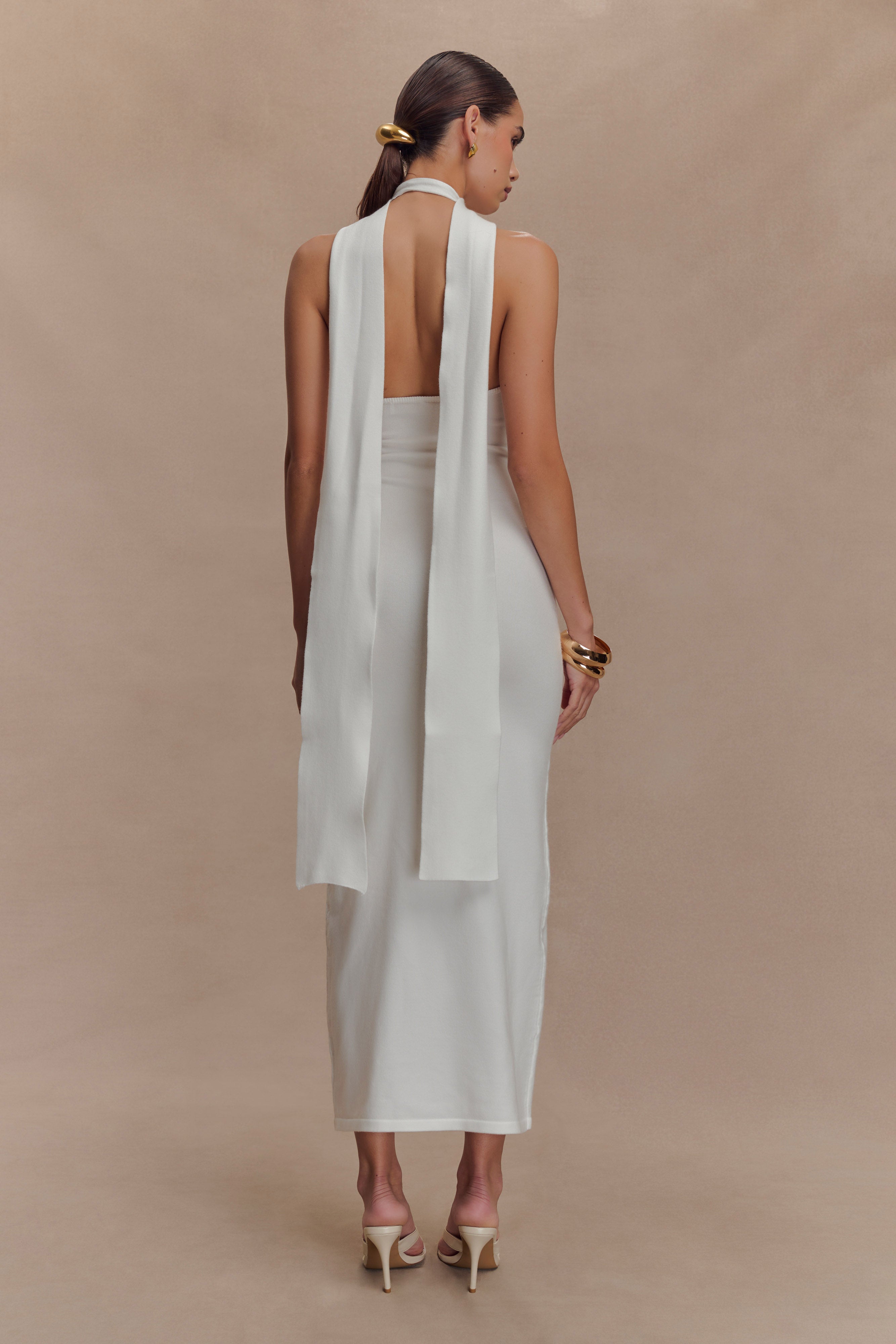 Floral Knit Midi Dress with Halter Neckline & Scarf | Wynn