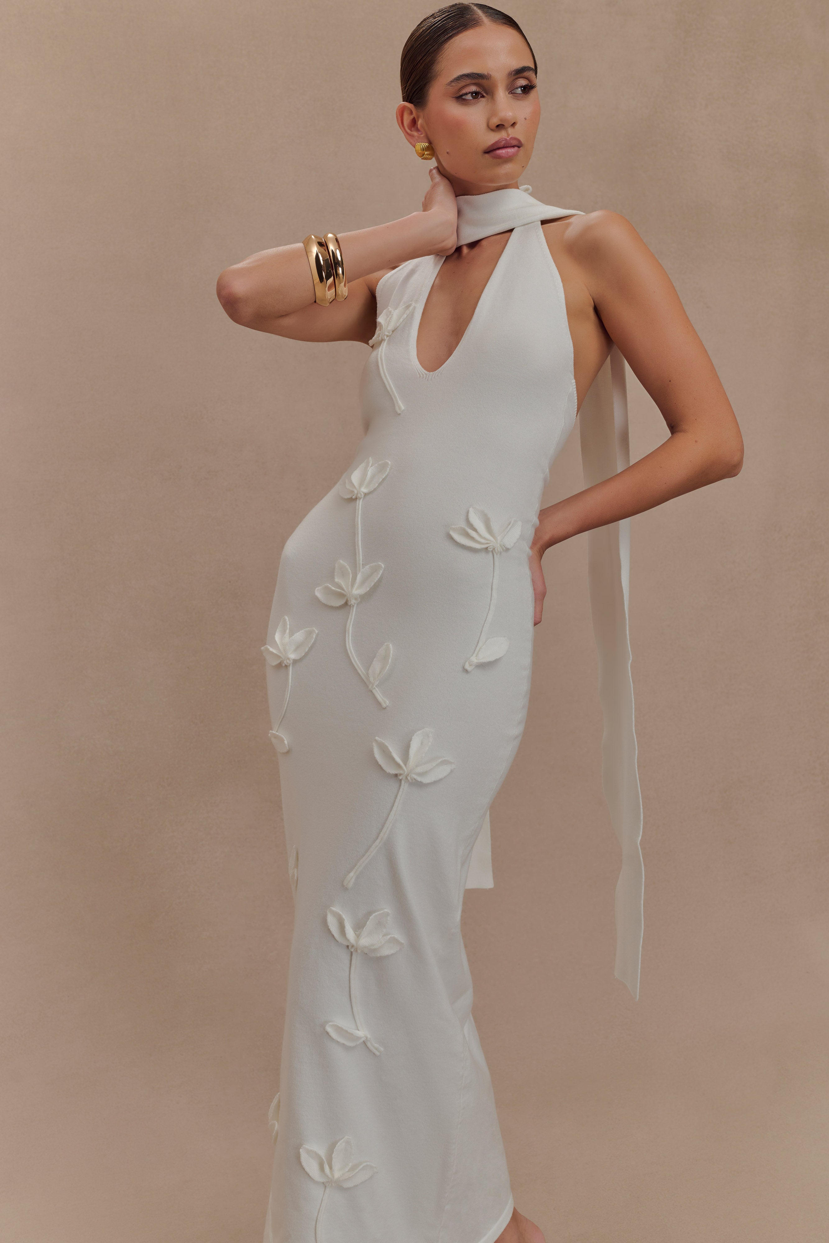 Floral Knit Midi Dress with Halter Neckline & Scarf | Wynn