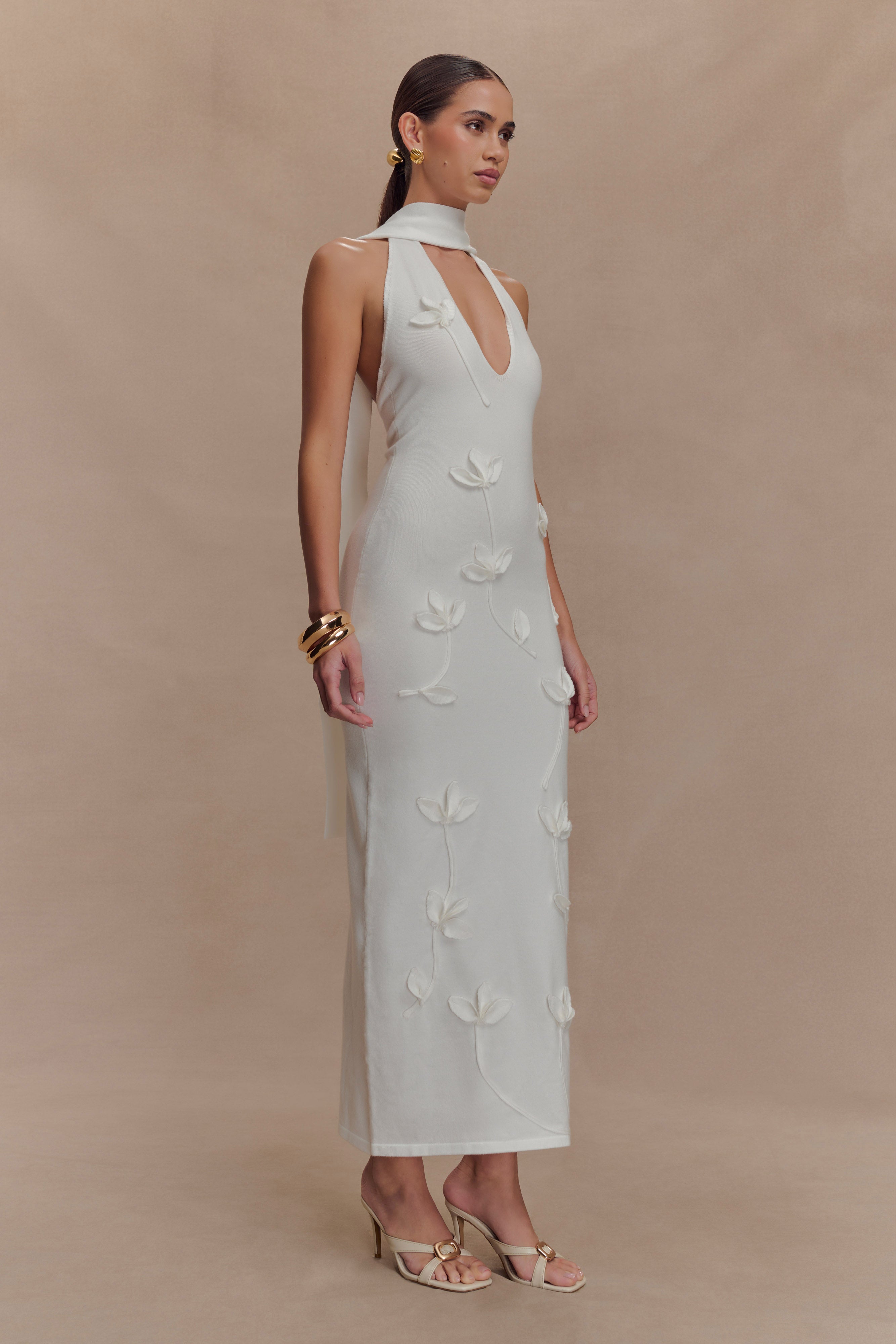 Floral Knit Midi Dress with Halter Neckline & Scarf | Wynn