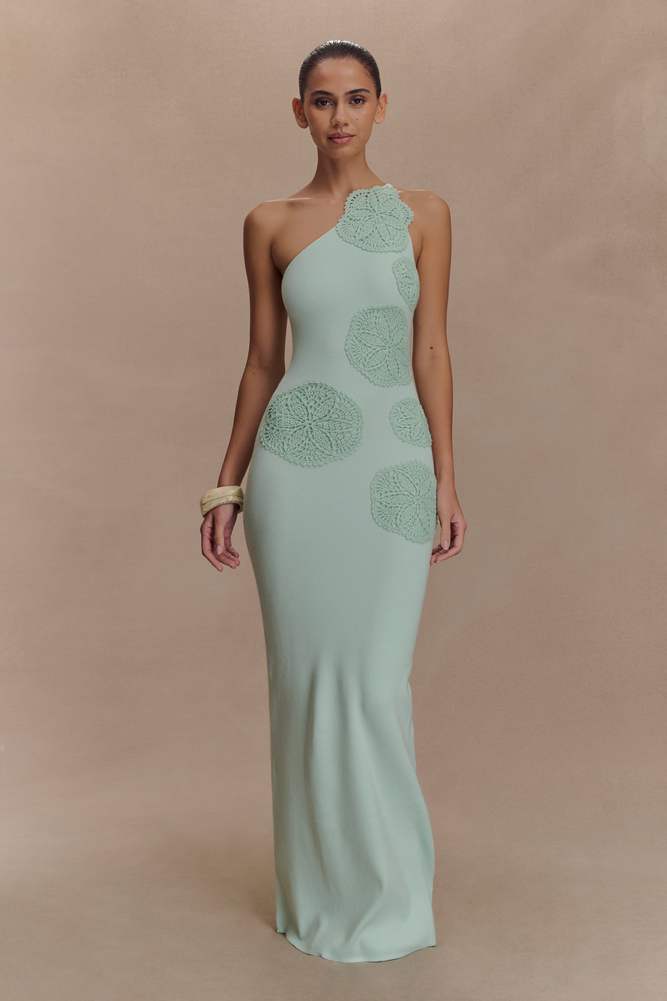 Crochet Knit Maxi Dress with One-Shoulder Silhouette | Teneika