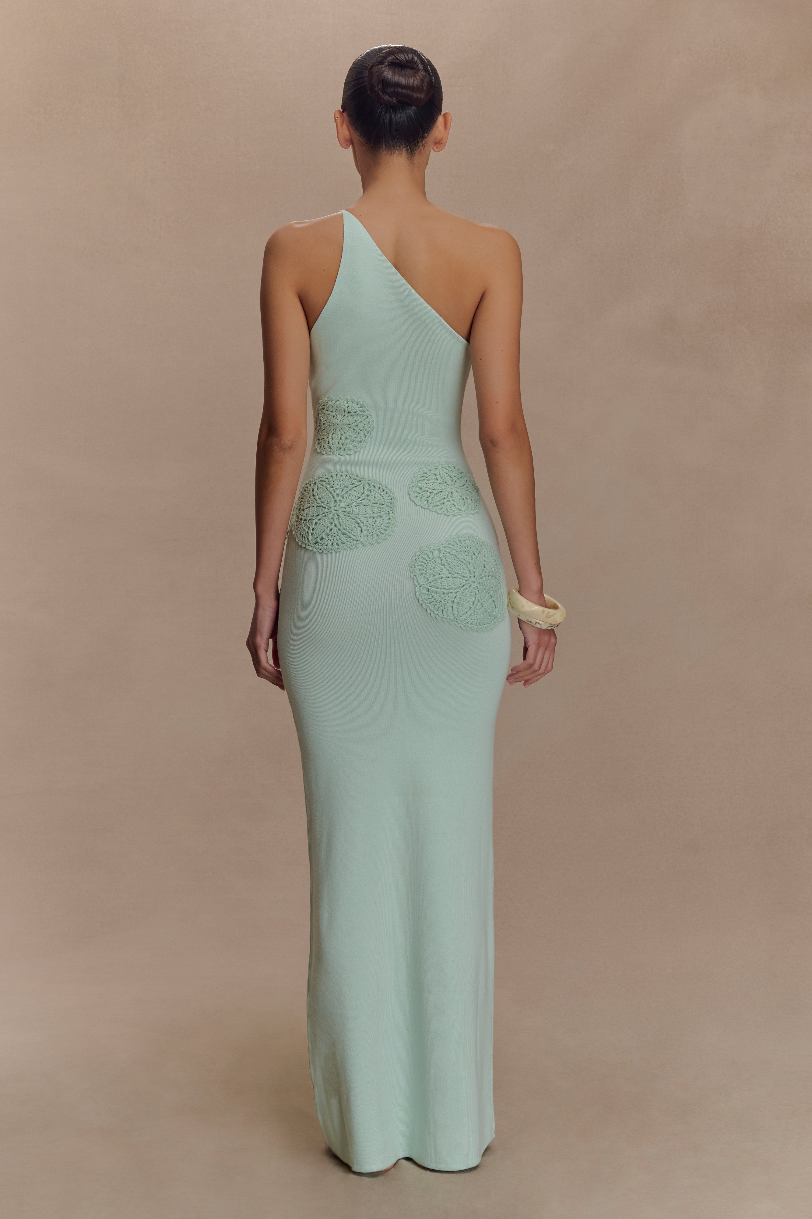Crochet Knit Maxi Dress with One-Shoulder Silhouette | Teneika