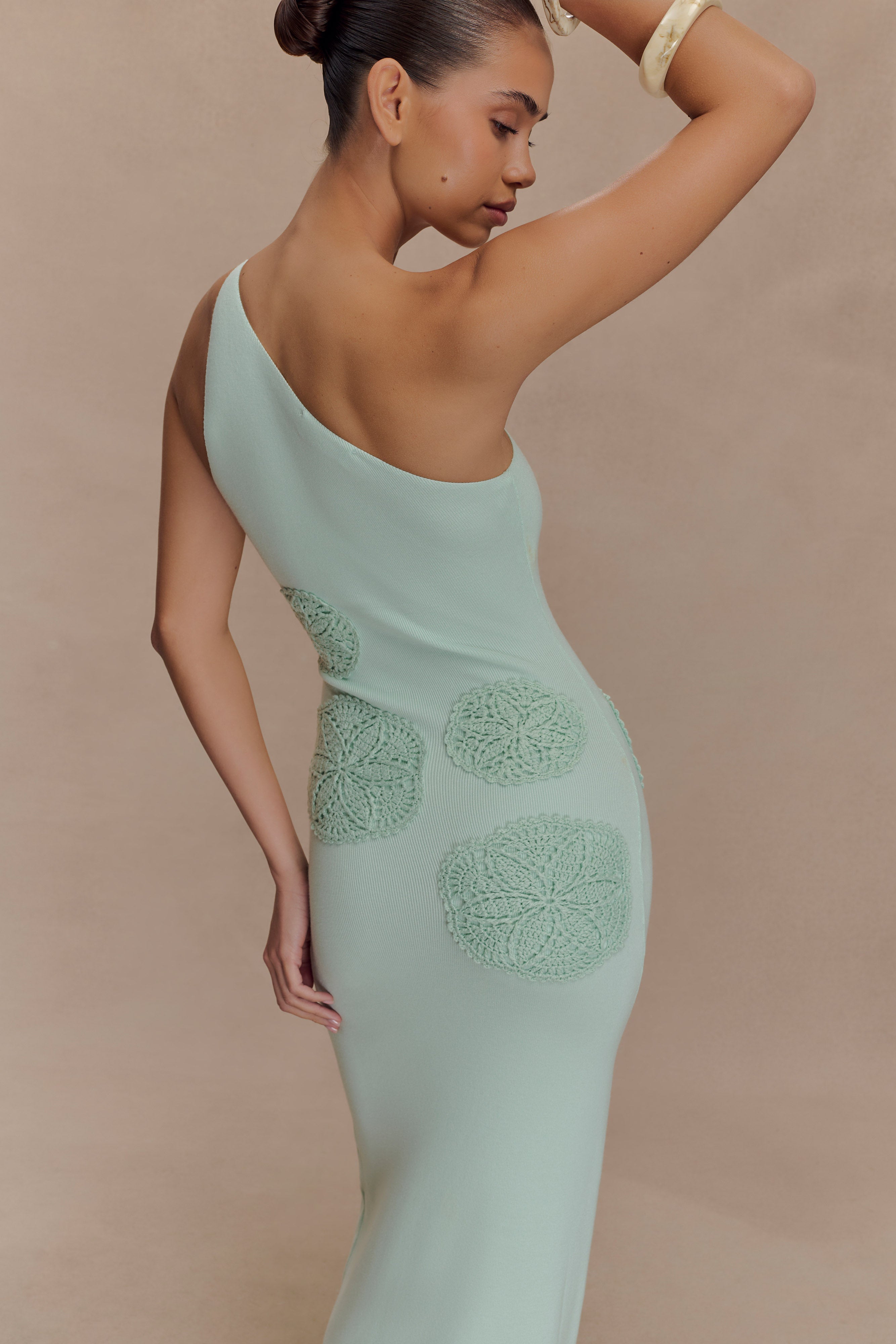 Crochet Knit Maxi Dress with One-Shoulder Silhouette | Teneika