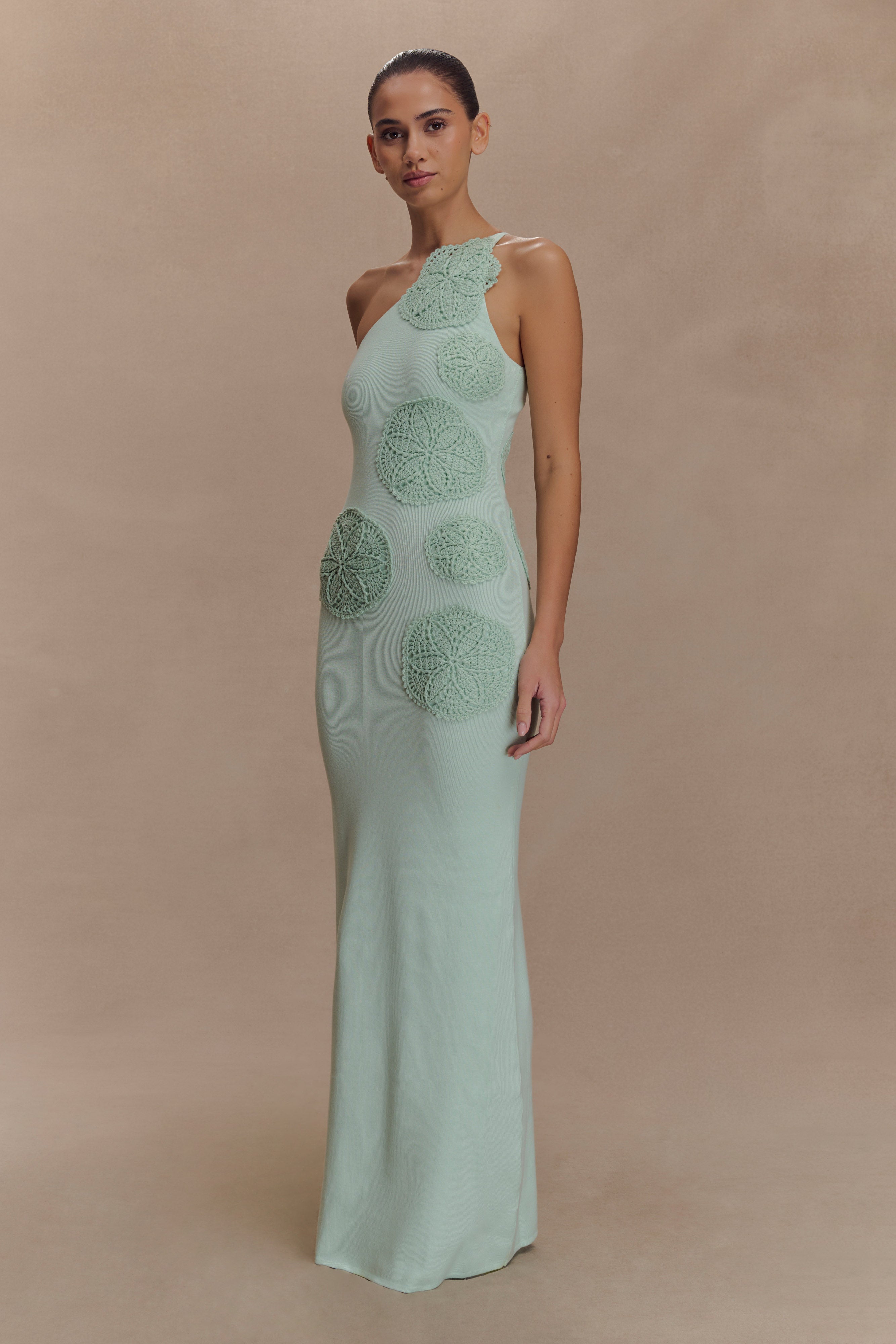Crochet Knit Maxi Dress with One-Shoulder Silhouette | Teneika